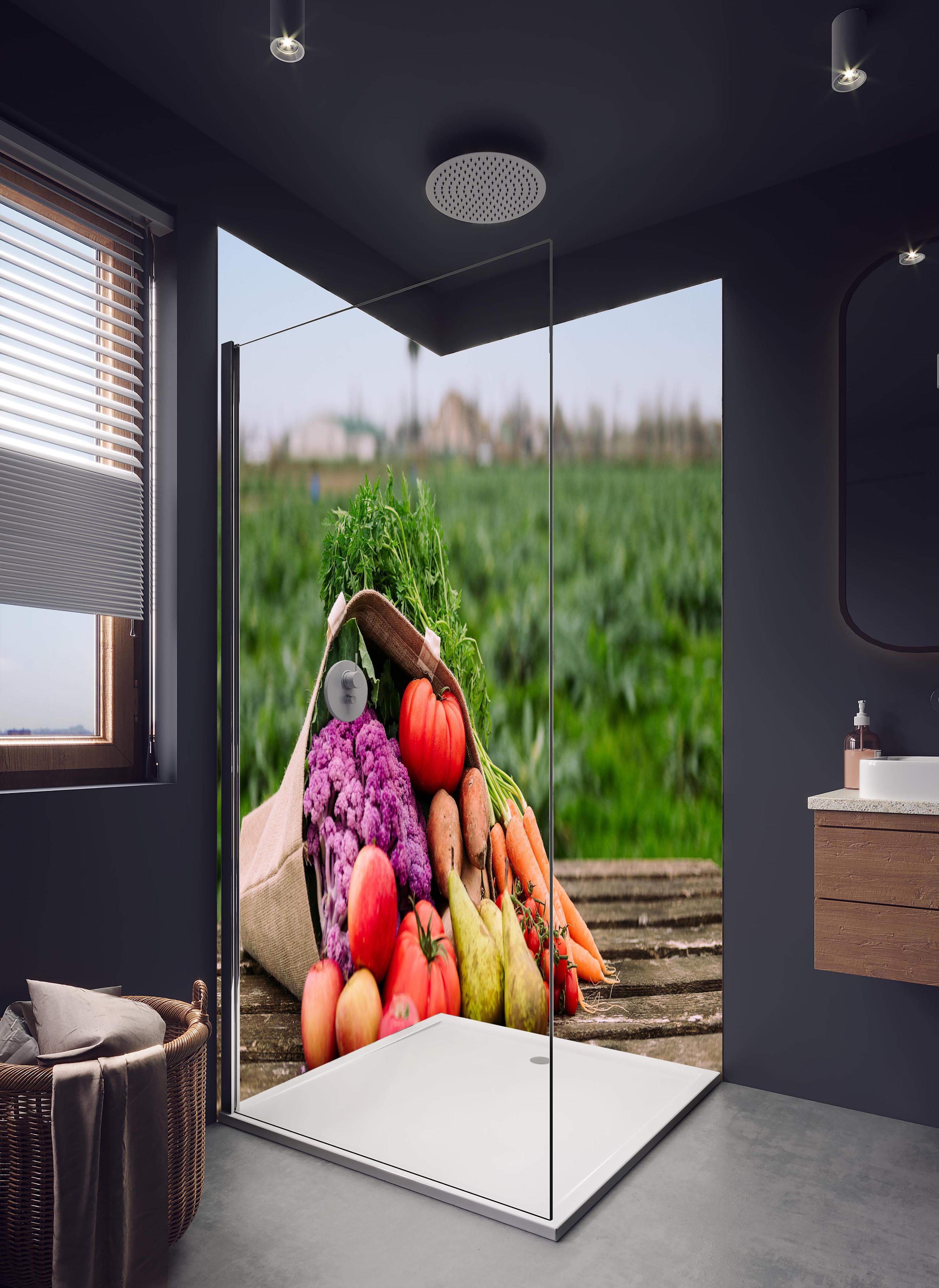 Duschrückwand - Bunte Vielfalt frischer Bio-Ernte in hellem Badezimmer mit Regenduschkopf - zweiteilige Eck-Duschrückwand