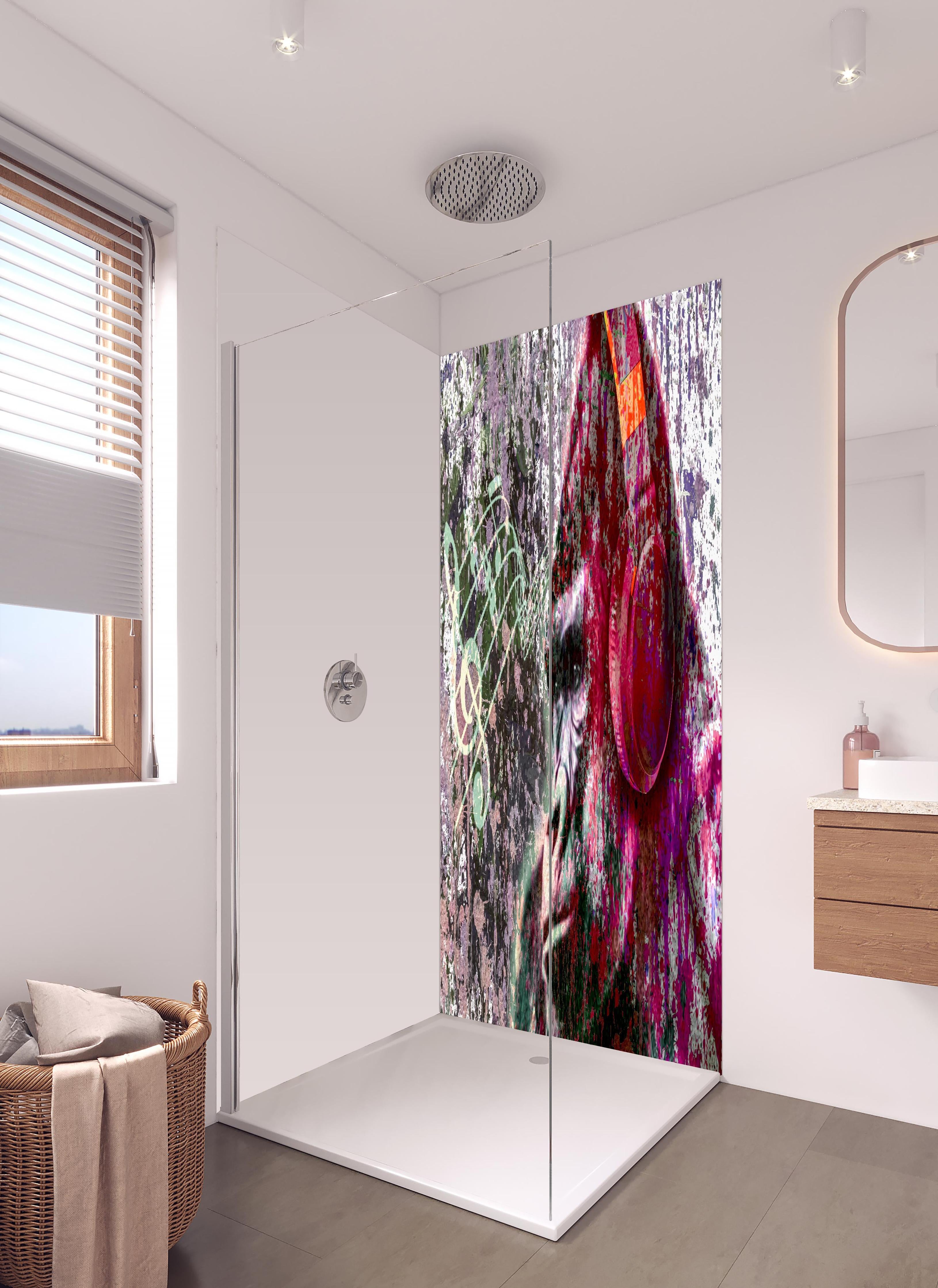 Duschrückwand - Bunter Affenkopf mit Musik-Elementen in hellem Badezimmer mit Regenduschkopf - zweiteilige Eck-Duschrückwand