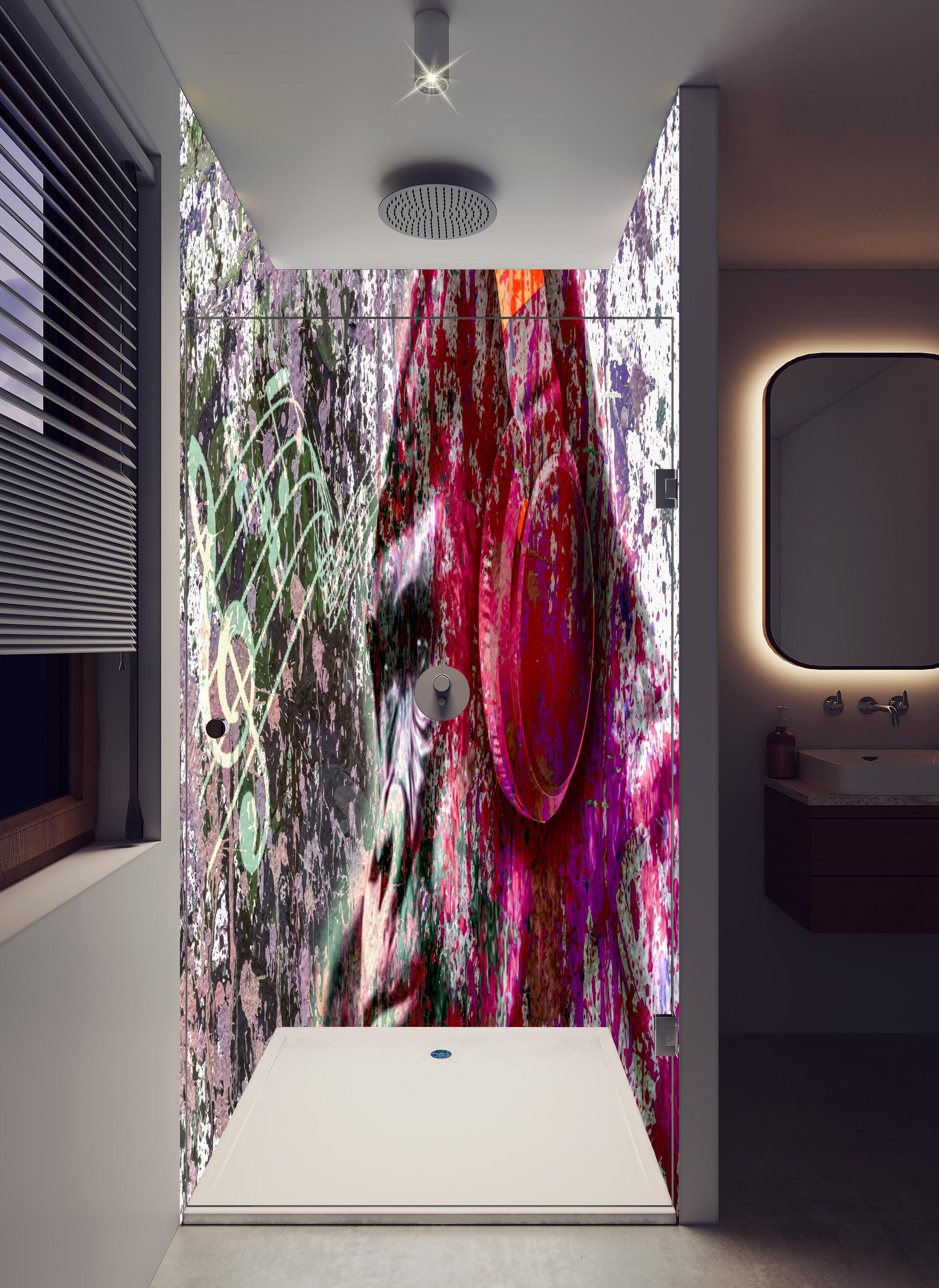 Duschrückwand - Bunter Affenkopf mit Musik-Elementen in hellem Badezimmer mit Regenduschkopf - zweiteilige Eck-Duschrückwand