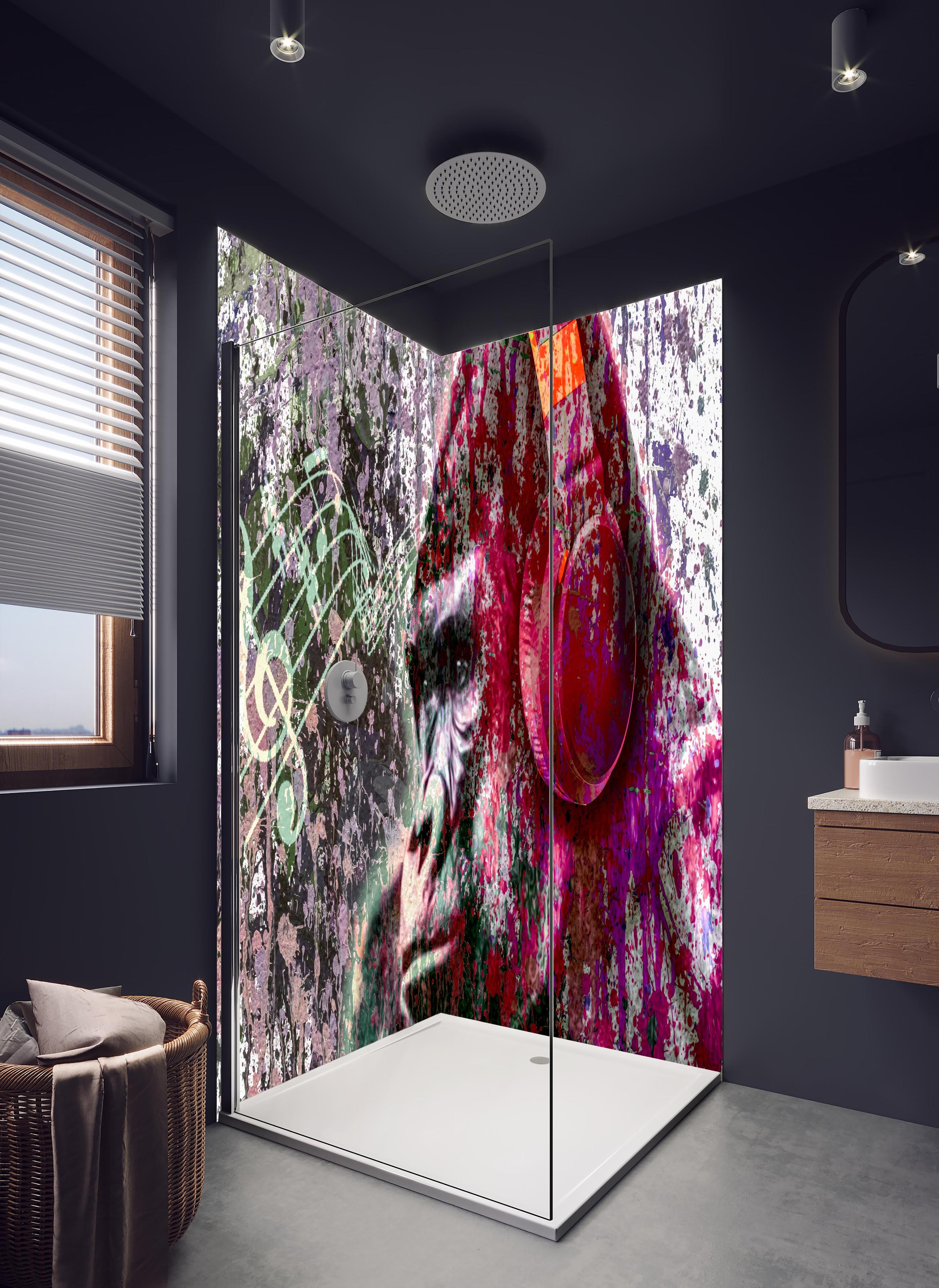 Duschrückwand - Bunter Affenkopf mit Musik-Elementen in hellem Badezimmer mit Regenduschkopf - zweiteilige Eck-Duschrückwand