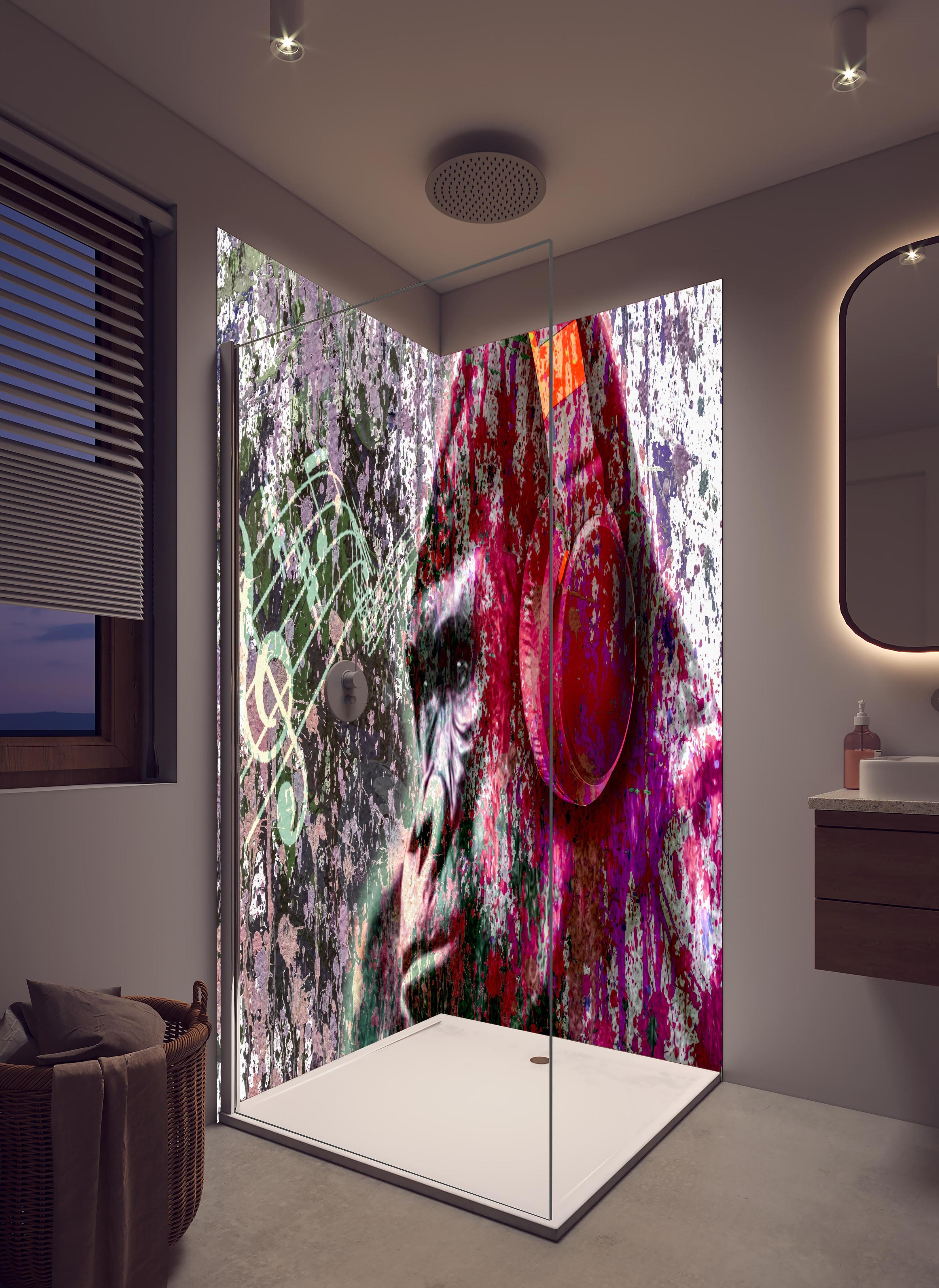 Duschrückwand - Bunter Affenkopf mit Musik-Elementen in hellem Badezimmer mit Regenduschkopf - zweiteilige Eck-Duschrückwand