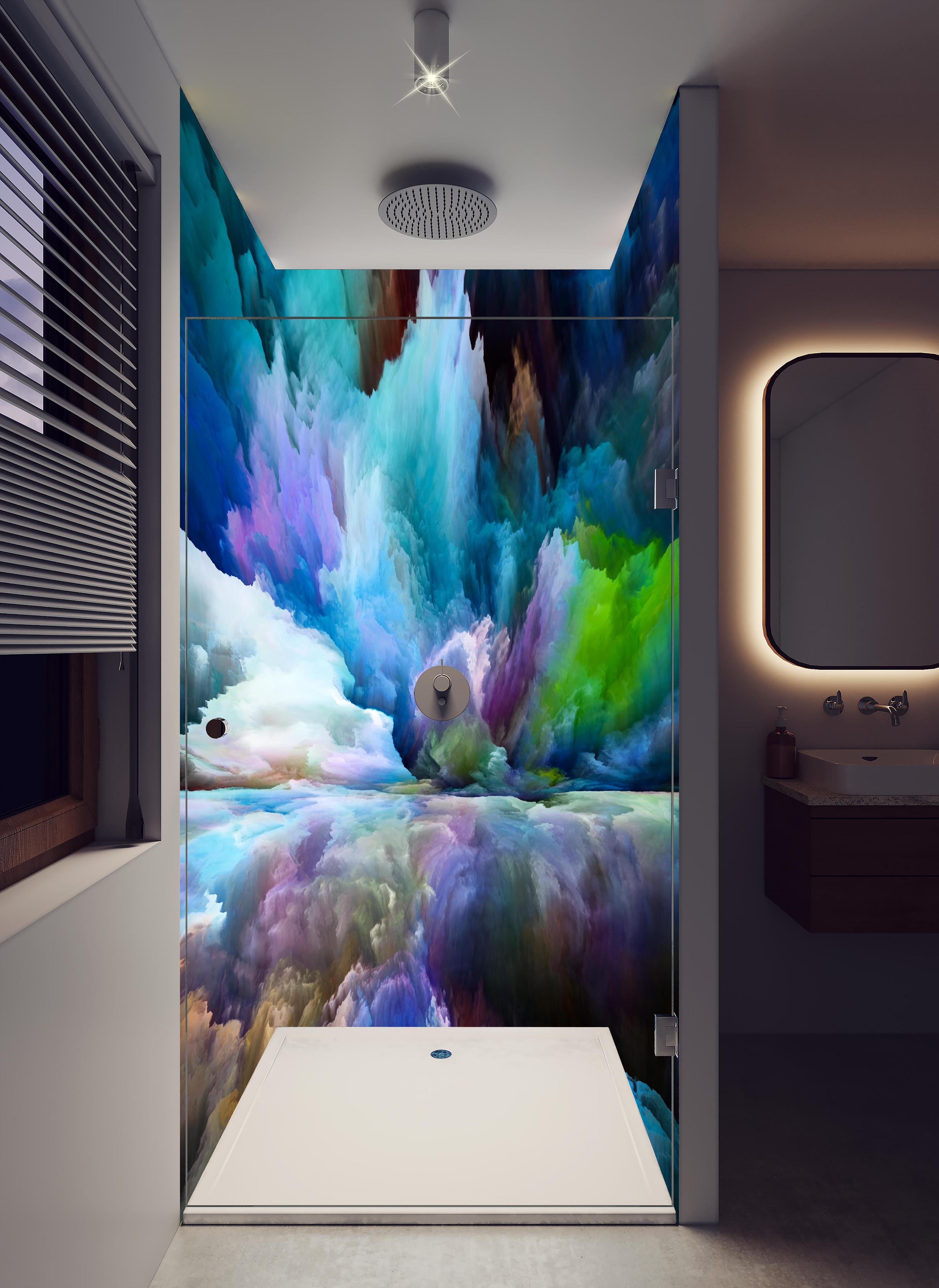 Duschrückwand - Bunter Fantasy Himmel in hellem Badezimmer mit Regenduschkopf - zweiteilige Eck-Duschrückwand