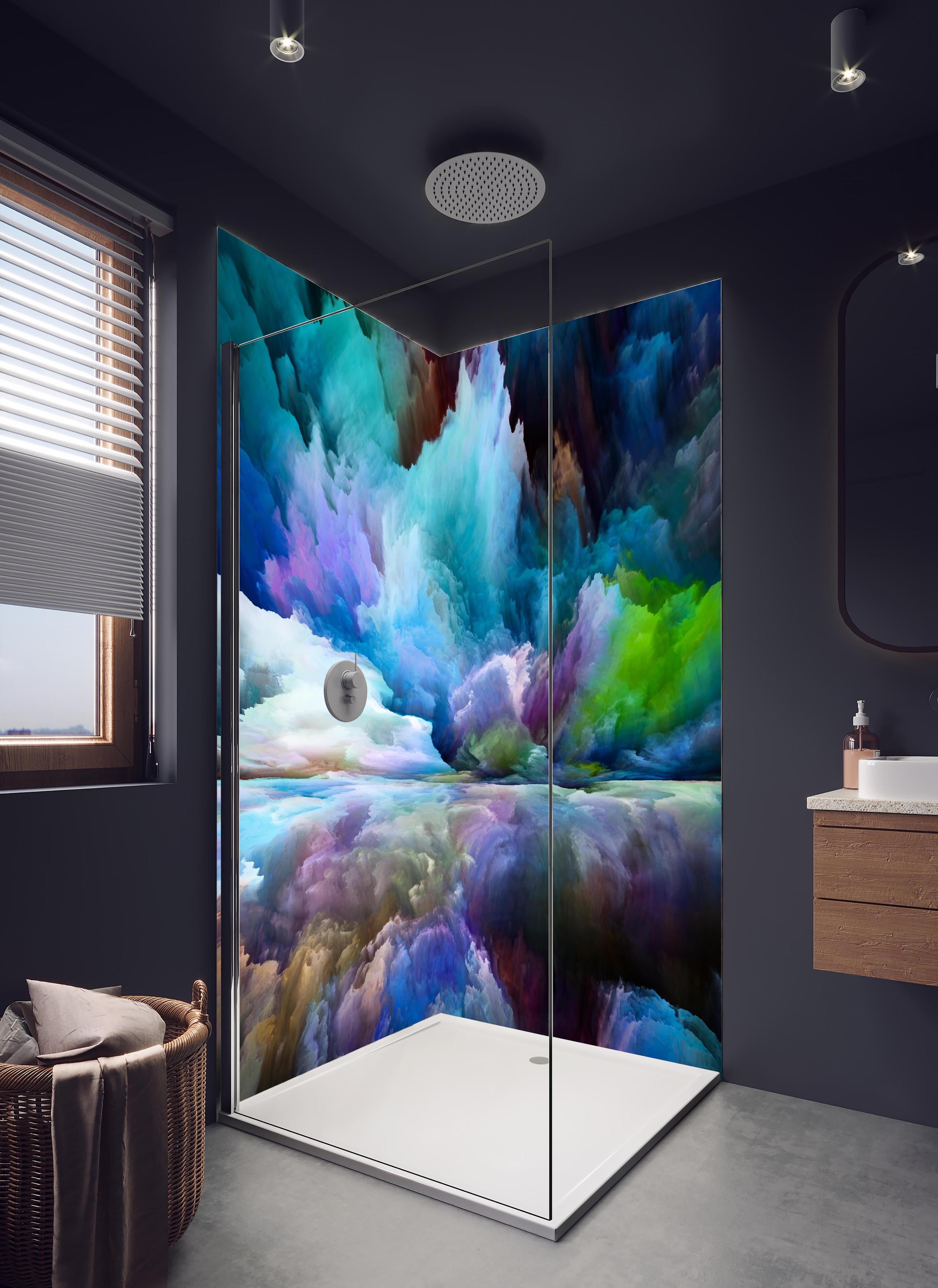 Duschrückwand - Bunter Fantasy Himmel in hellem Badezimmer mit Regenduschkopf - zweiteilige Eck-Duschrückwand