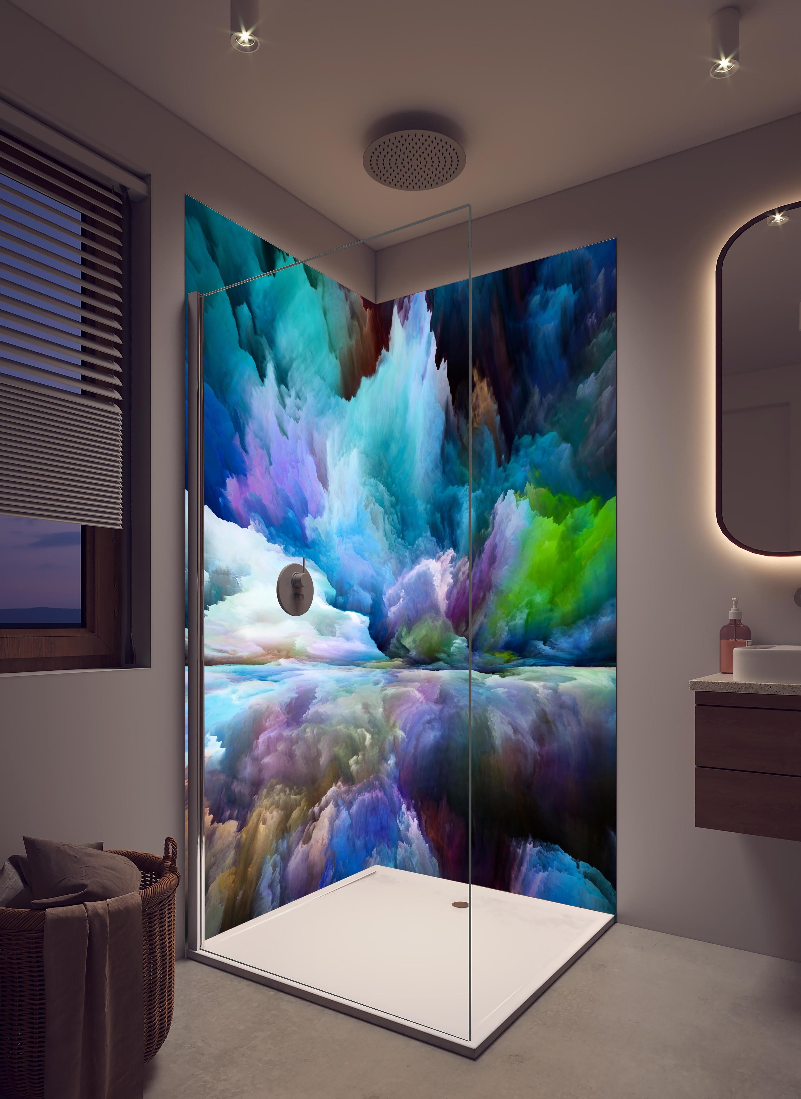 Duschrückwand - Bunter Fantasy Himmel in hellem Badezimmer mit Regenduschkopf - zweiteilige Eck-Duschrückwand