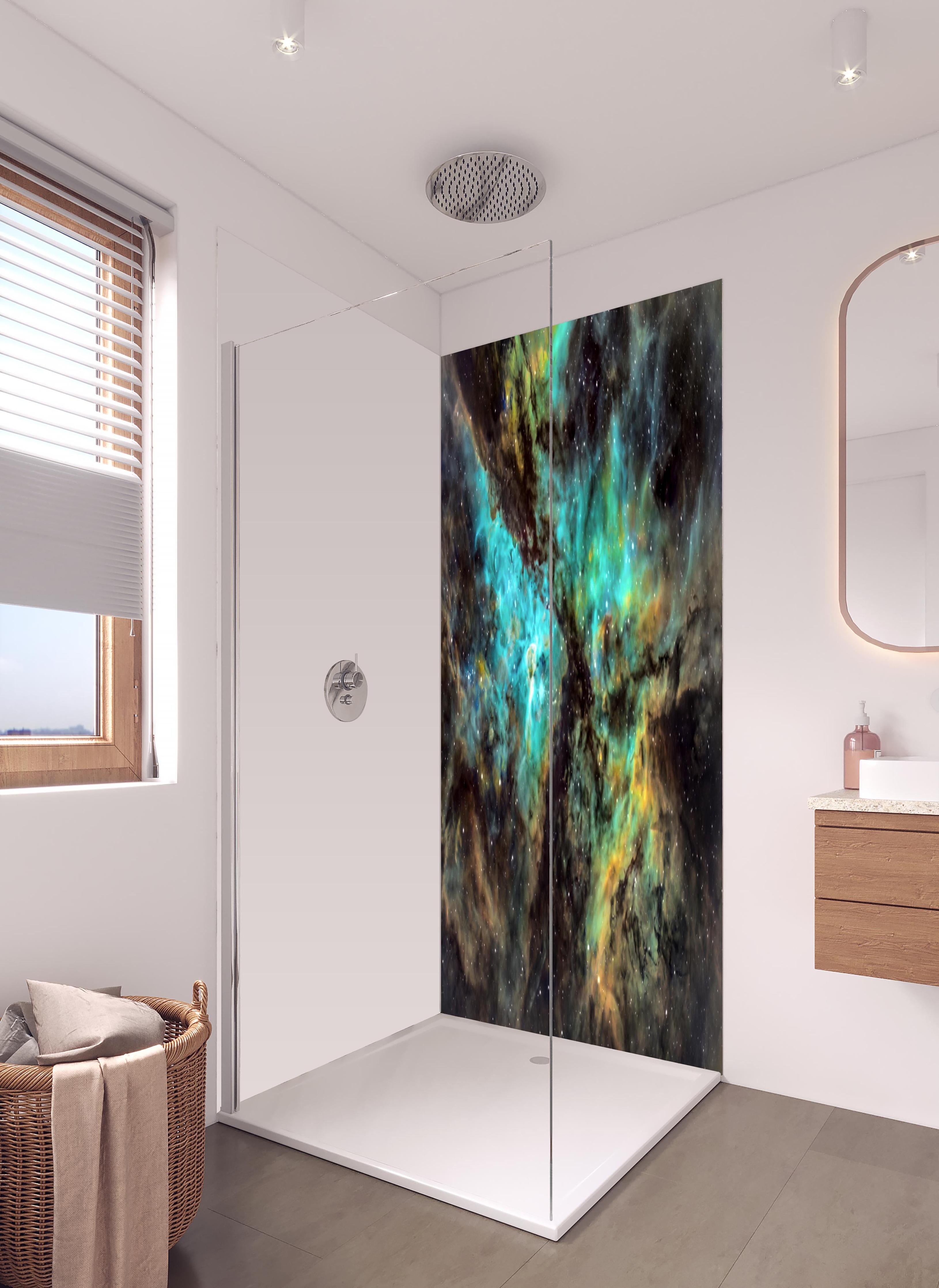 Duschrückwand - Bunter Sternenhimmel in hellem Badezimmer mit Regenduschkopf - zweiteilige Eck-Duschrückwand