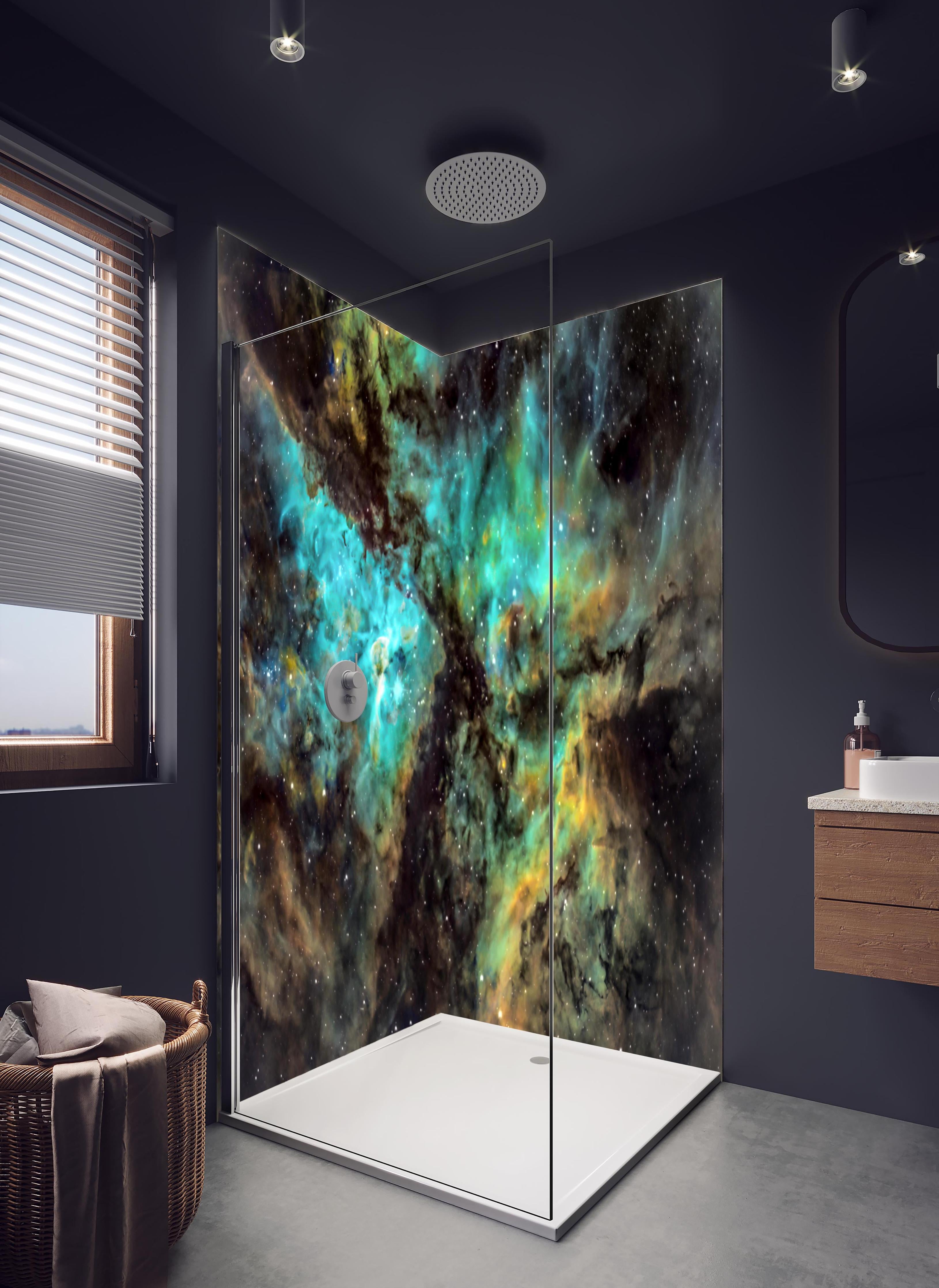 Duschrückwand - Bunter Sternenhimmel in hellem Badezimmer mit Regenduschkopf - zweiteilige Eck-Duschrückwand