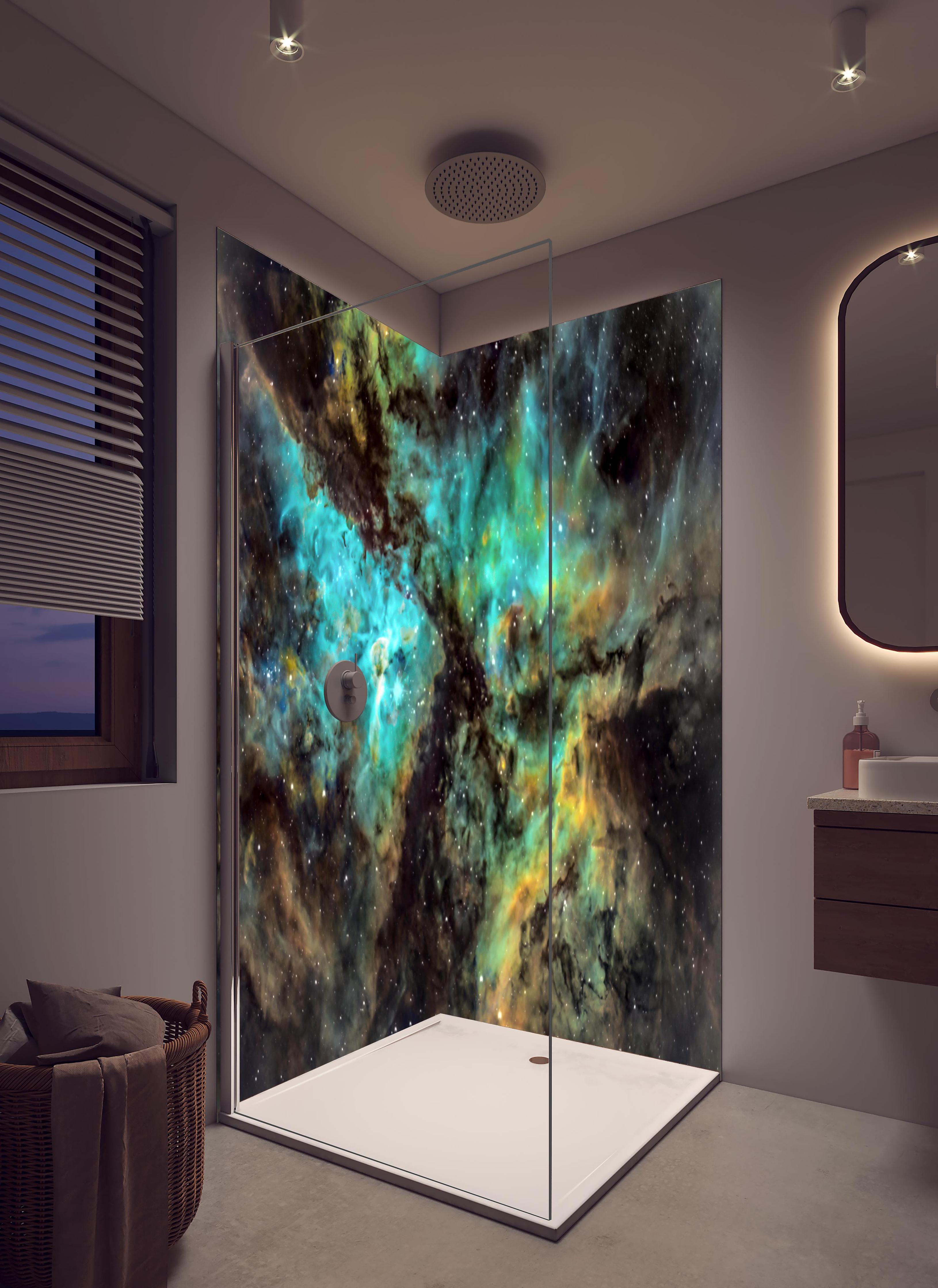 Duschrückwand - Bunter Sternenhimmel in hellem Badezimmer mit Regenduschkopf - zweiteilige Eck-Duschrückwand