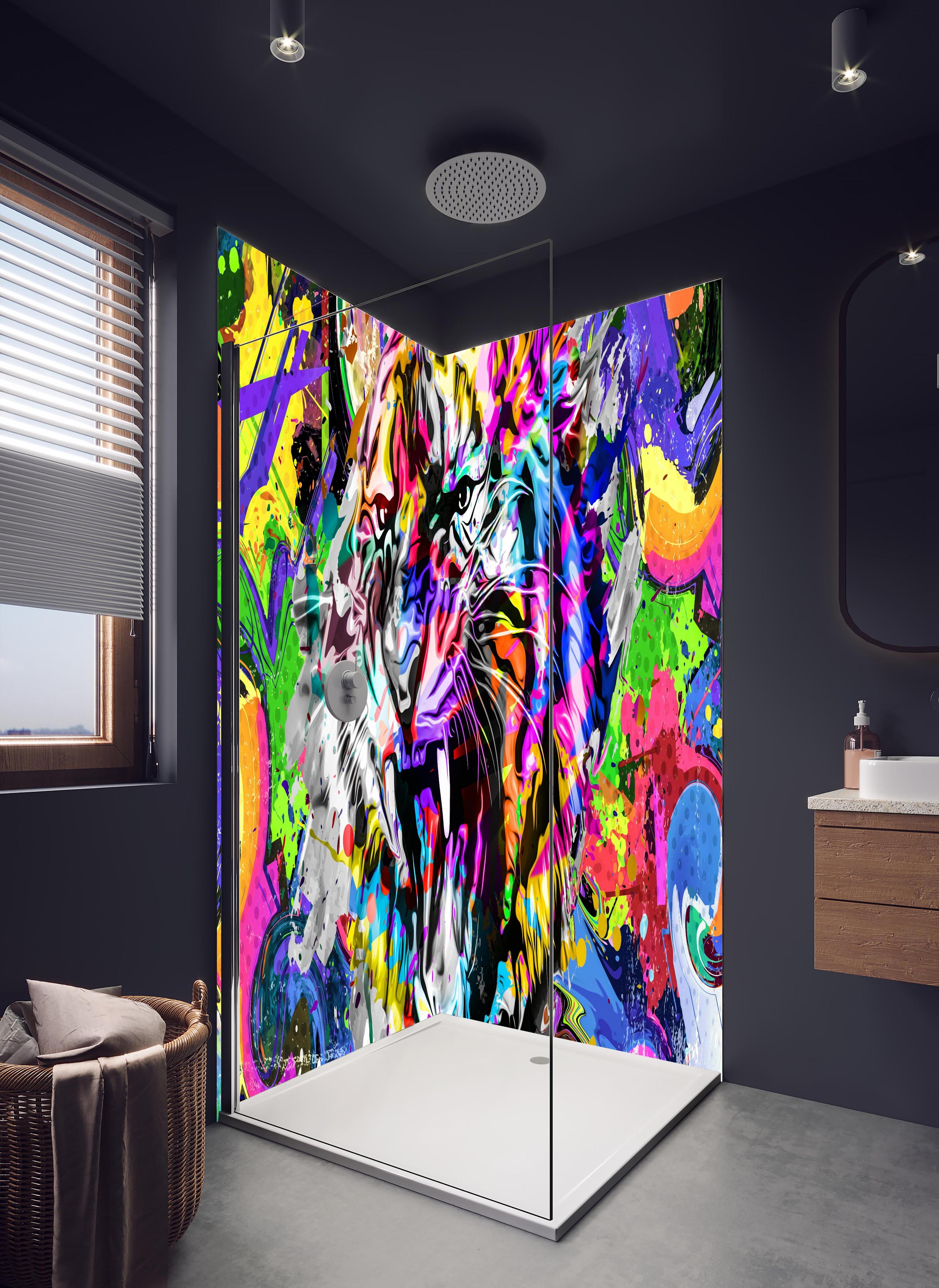 Duschrückwand - Bunter Tigerkopf mit abstrakten Elementen in hellem Badezimmer mit Regenduschkopf - zweiteilige Eck-Duschrückwand