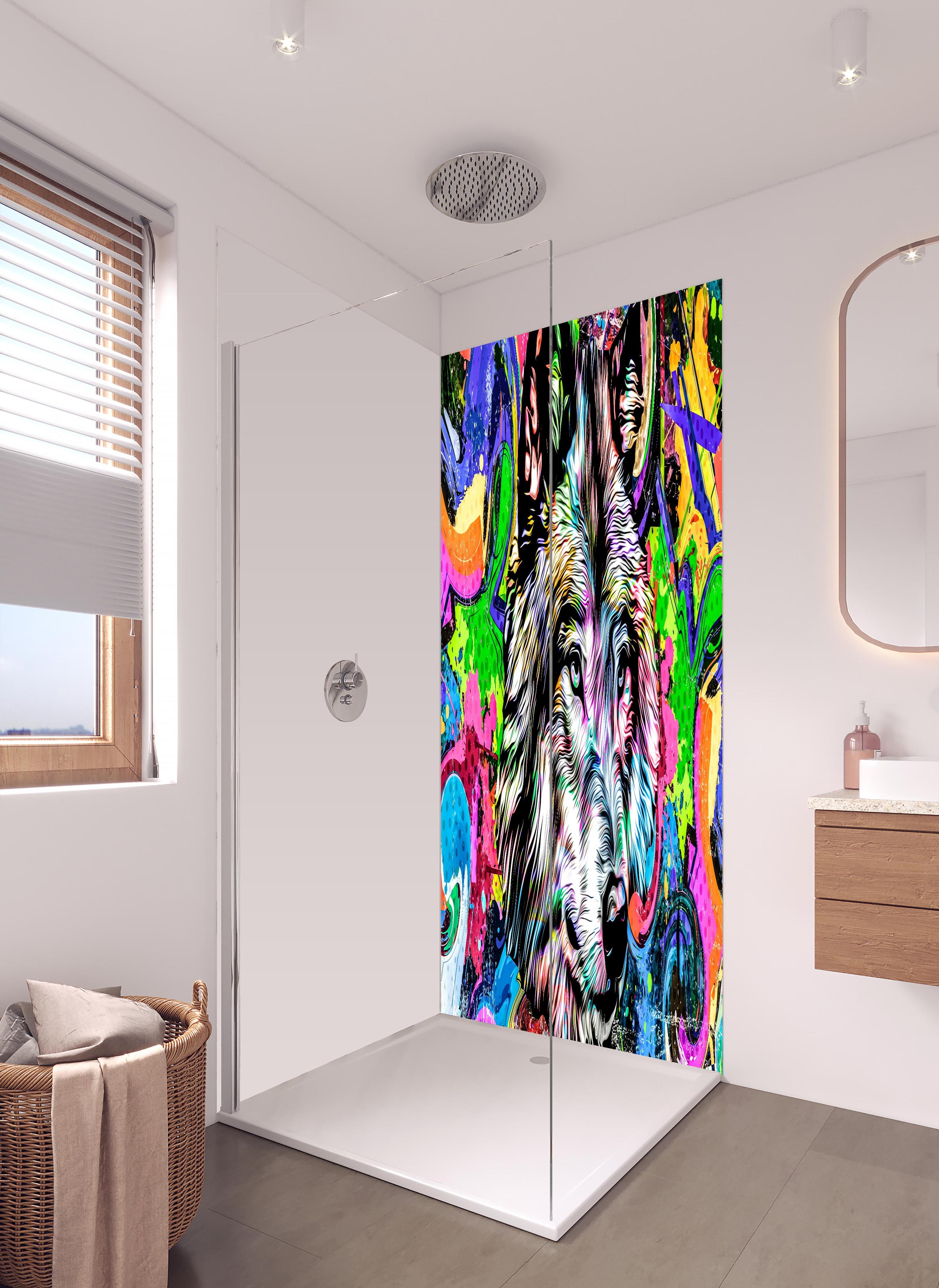 Duschrückwand - Bunter Wolfskopf mit abstrakten Elementen in hellem Badezimmer mit Regenduschkopf - zweiteilige Eck-Duschrückwand