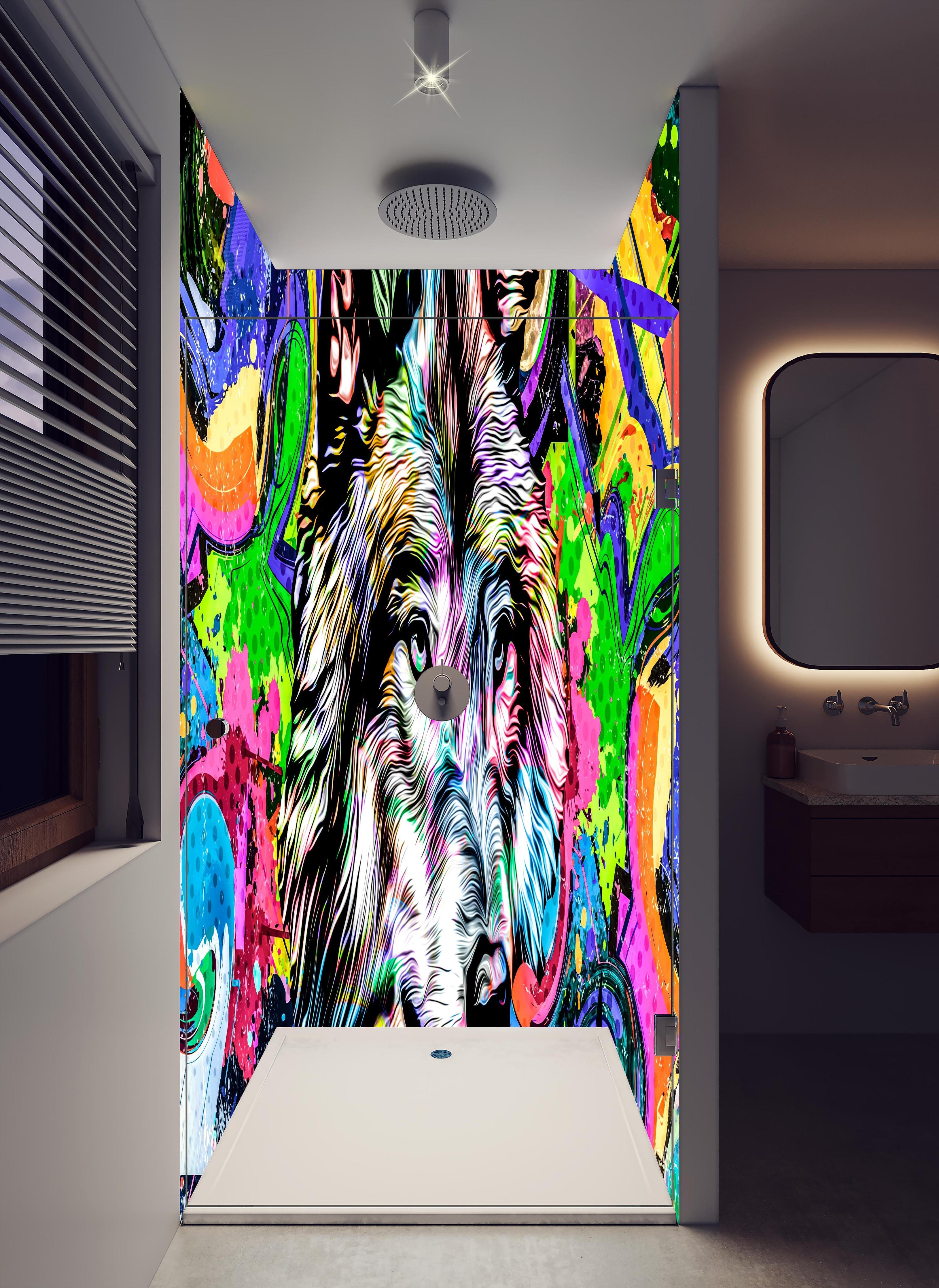Duschrückwand - Bunter Wolfskopf mit abstrakten Elementen in hellem Badezimmer mit Regenduschkopf - zweiteilige Eck-Duschrückwand