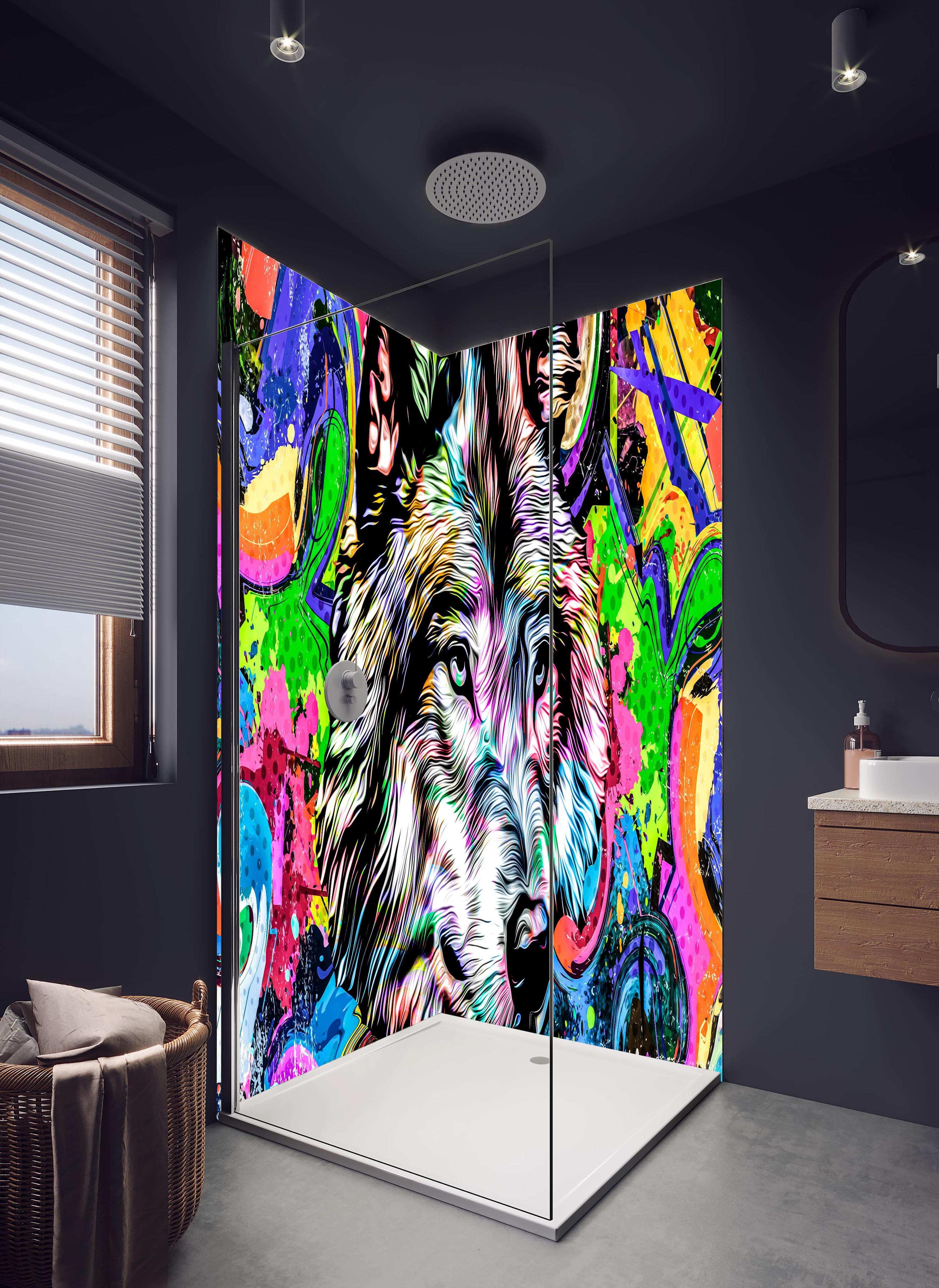 Duschrückwand - Bunter Wolfskopf mit abstrakten Elementen in hellem Badezimmer mit Regenduschkopf - zweiteilige Eck-Duschrückwand