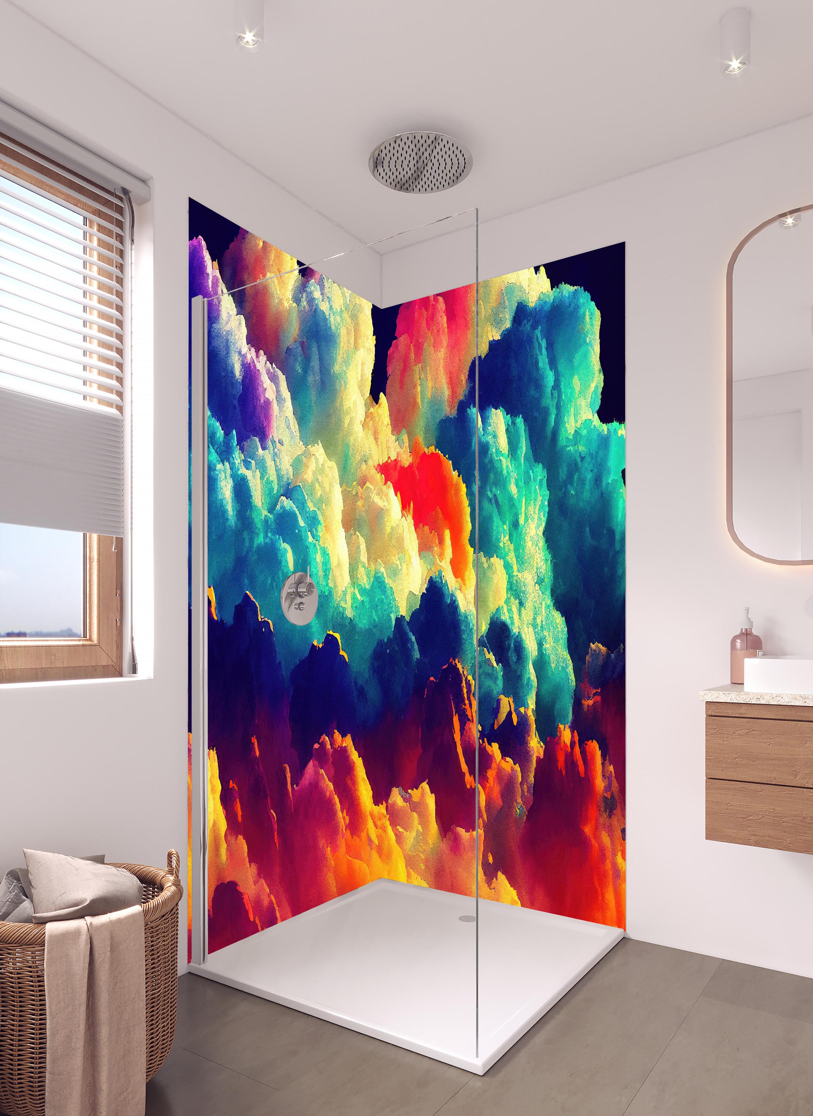 Duschrückwand - Bunter Wolkenhimmel in hellem Badezimmer mit Regenduschkopf - zweiteilige Eck-Duschrückwand
