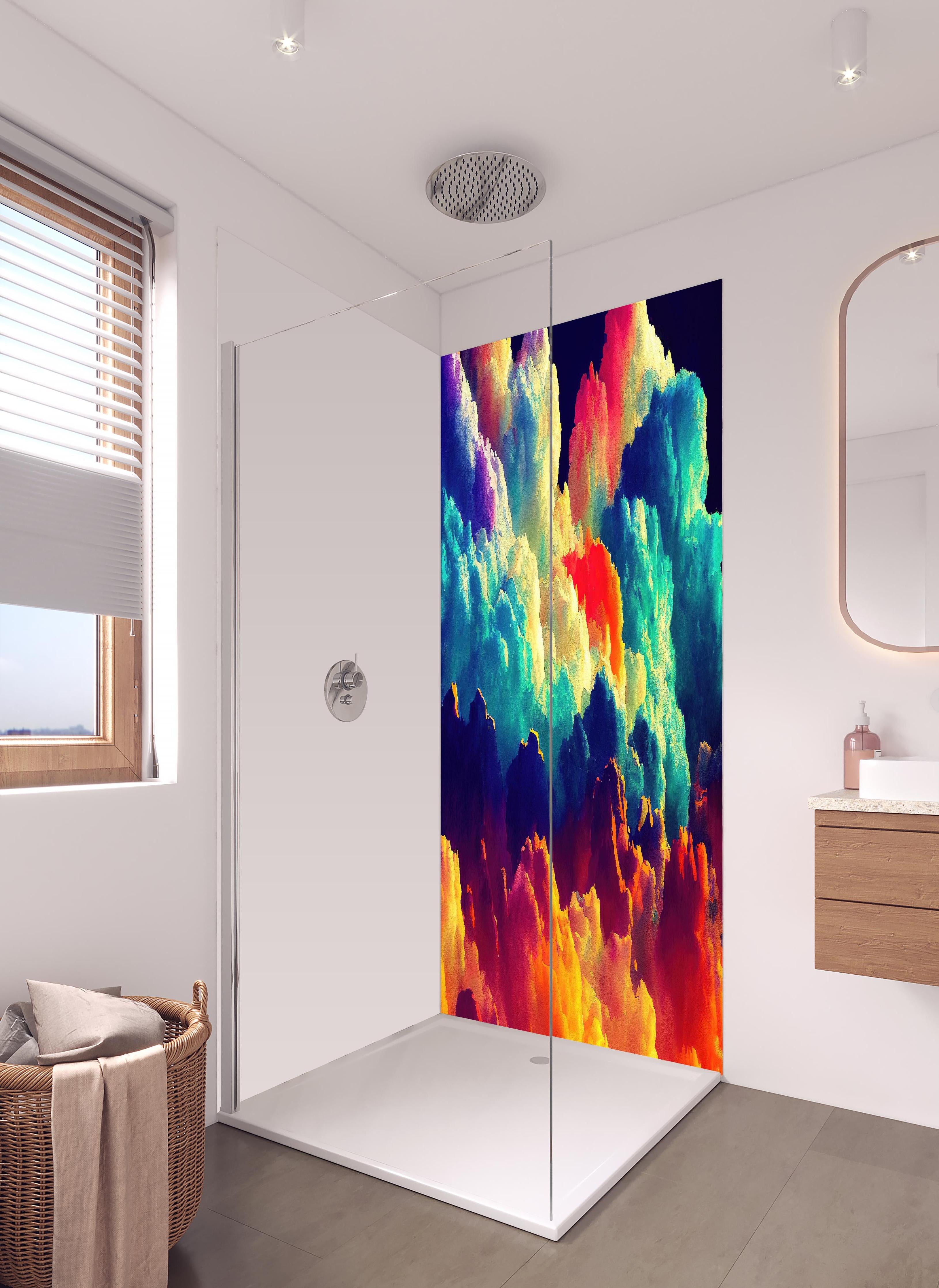 Duschrückwand - Bunter Wolkenhimmel in hellem Badezimmer mit Regenduschkopf - zweiteilige Eck-Duschrückwand