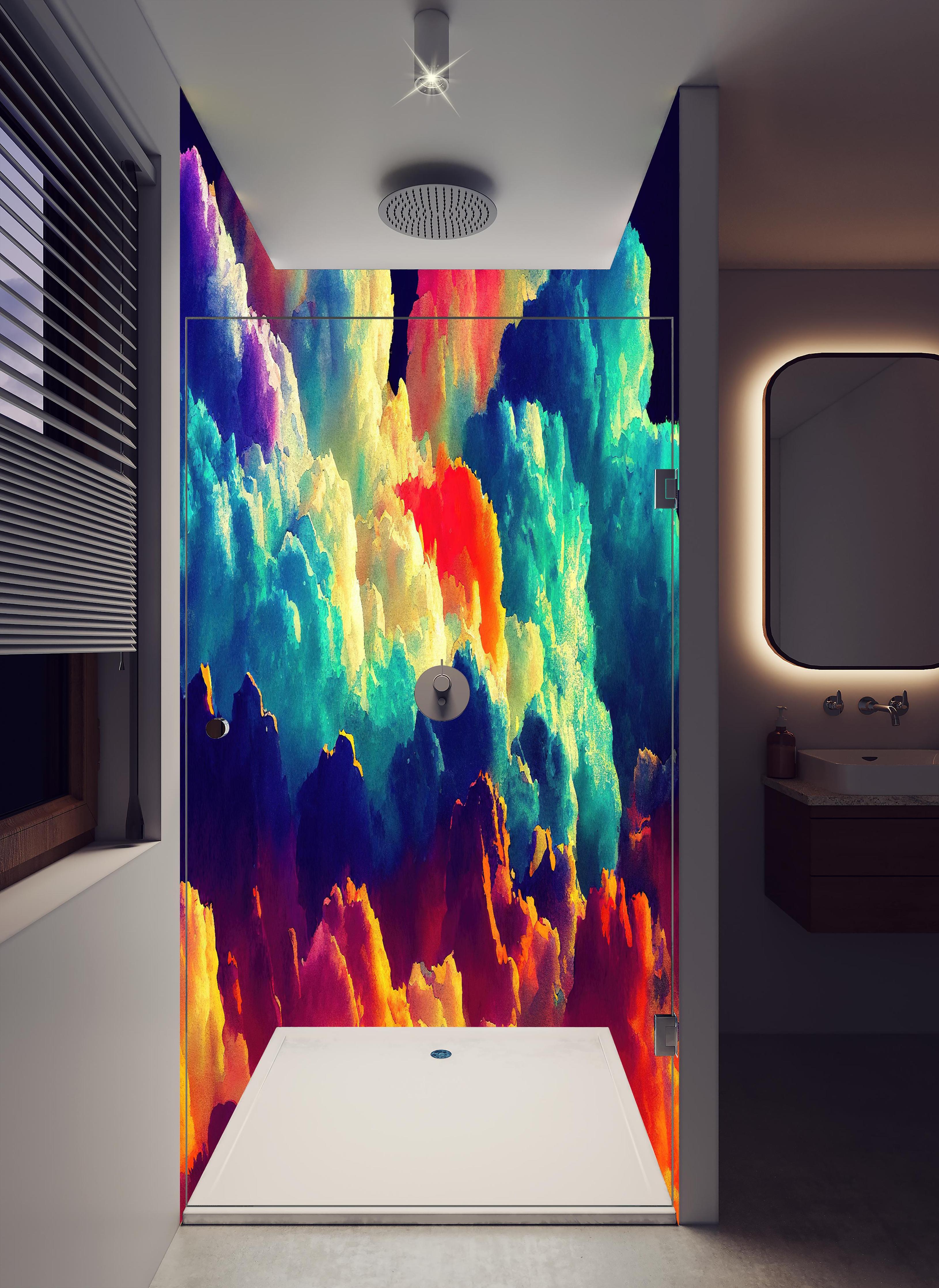 Duschrückwand - Bunter Wolkenhimmel in hellem Badezimmer mit Regenduschkopf - zweiteilige Eck-Duschrückwand