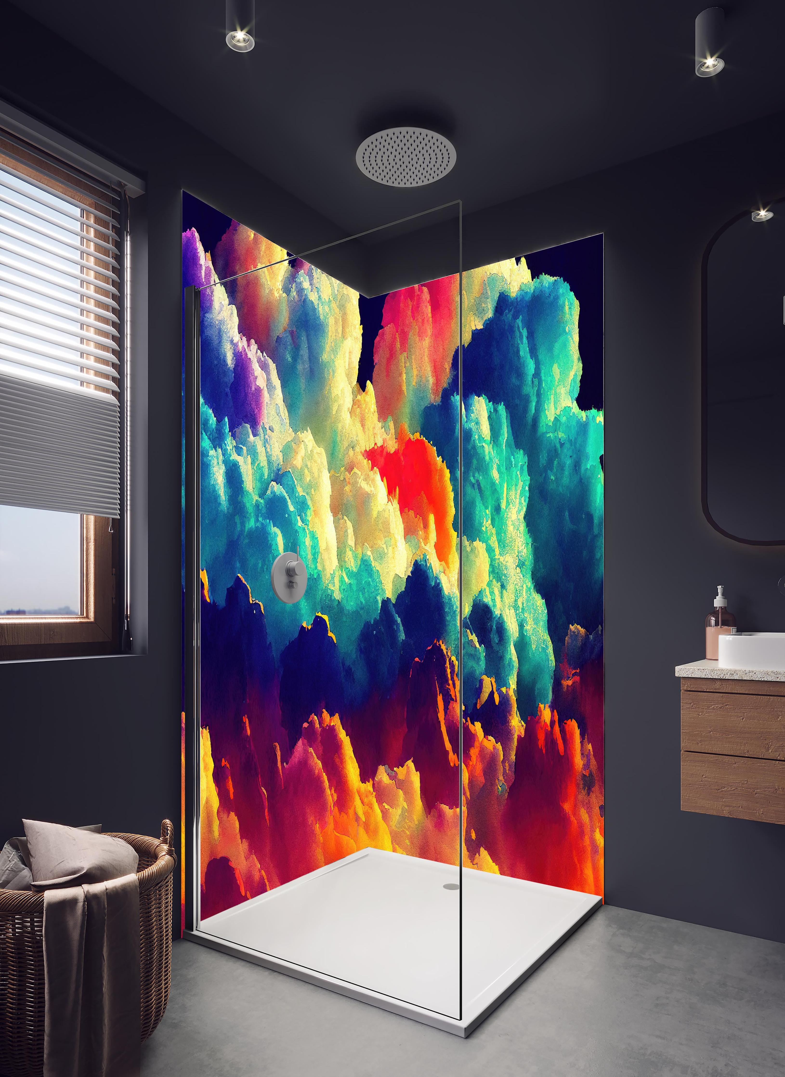 Duschrückwand - Bunter Wolkenhimmel in hellem Badezimmer mit Regenduschkopf - zweiteilige Eck-Duschrückwand
