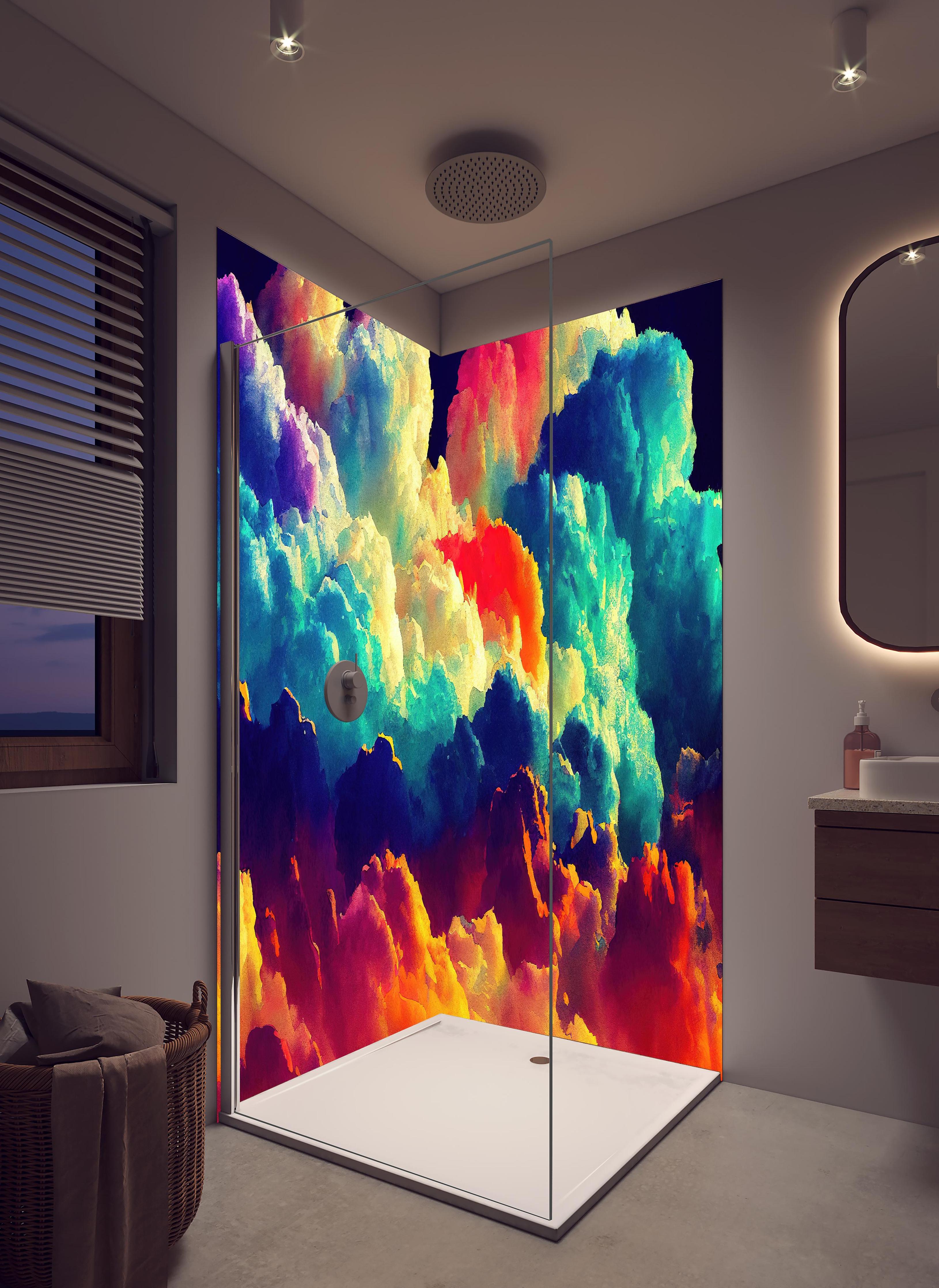 Duschrückwand - Bunter Wolkenhimmel in hellem Badezimmer mit Regenduschkopf - zweiteilige Eck-Duschrückwand