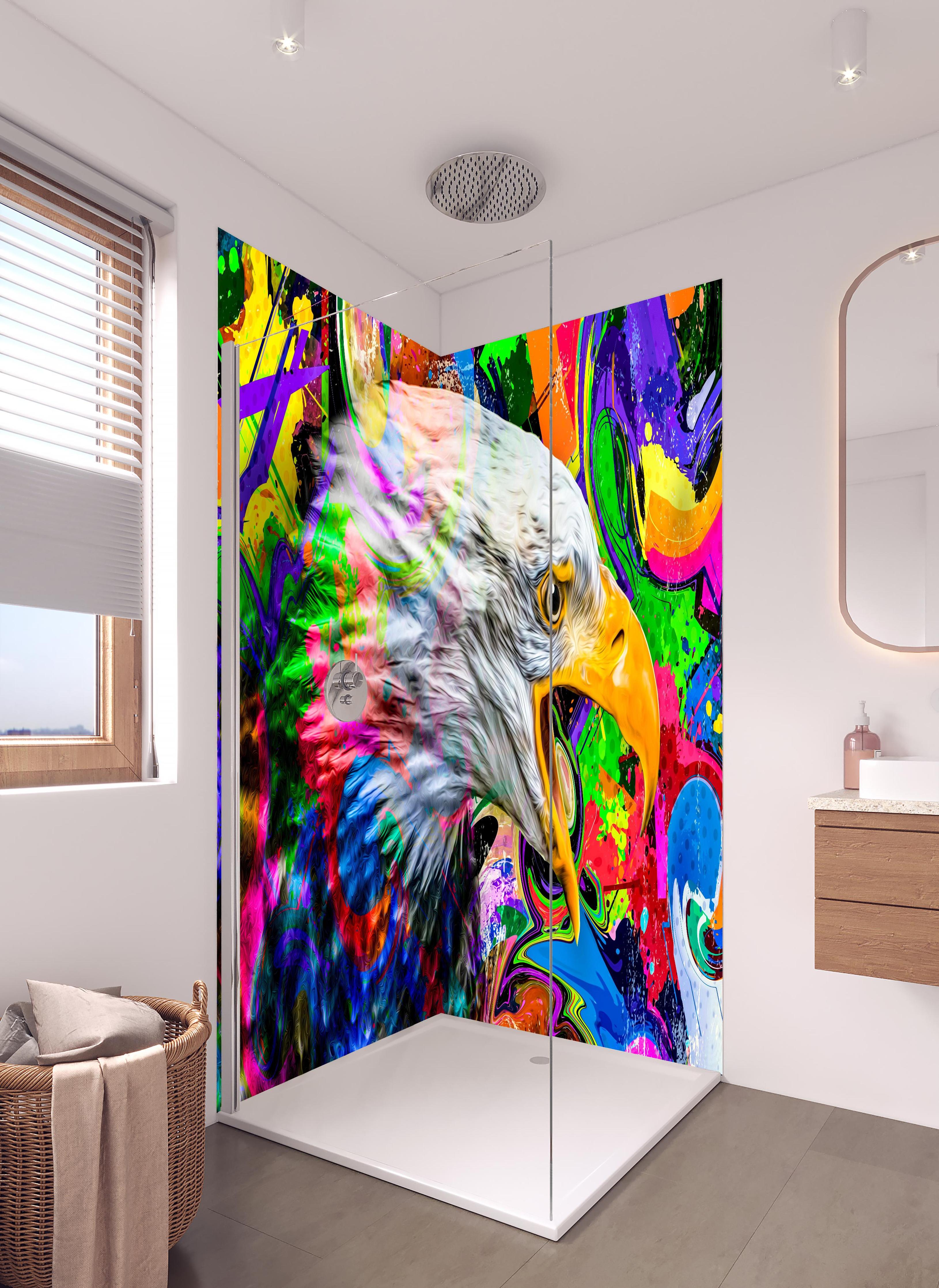 Duschrückwand - Bunter abstrakter Adlerkopf in hellem Badezimmer mit Regenduschkopf - zweiteilige Eck-Duschrückwand