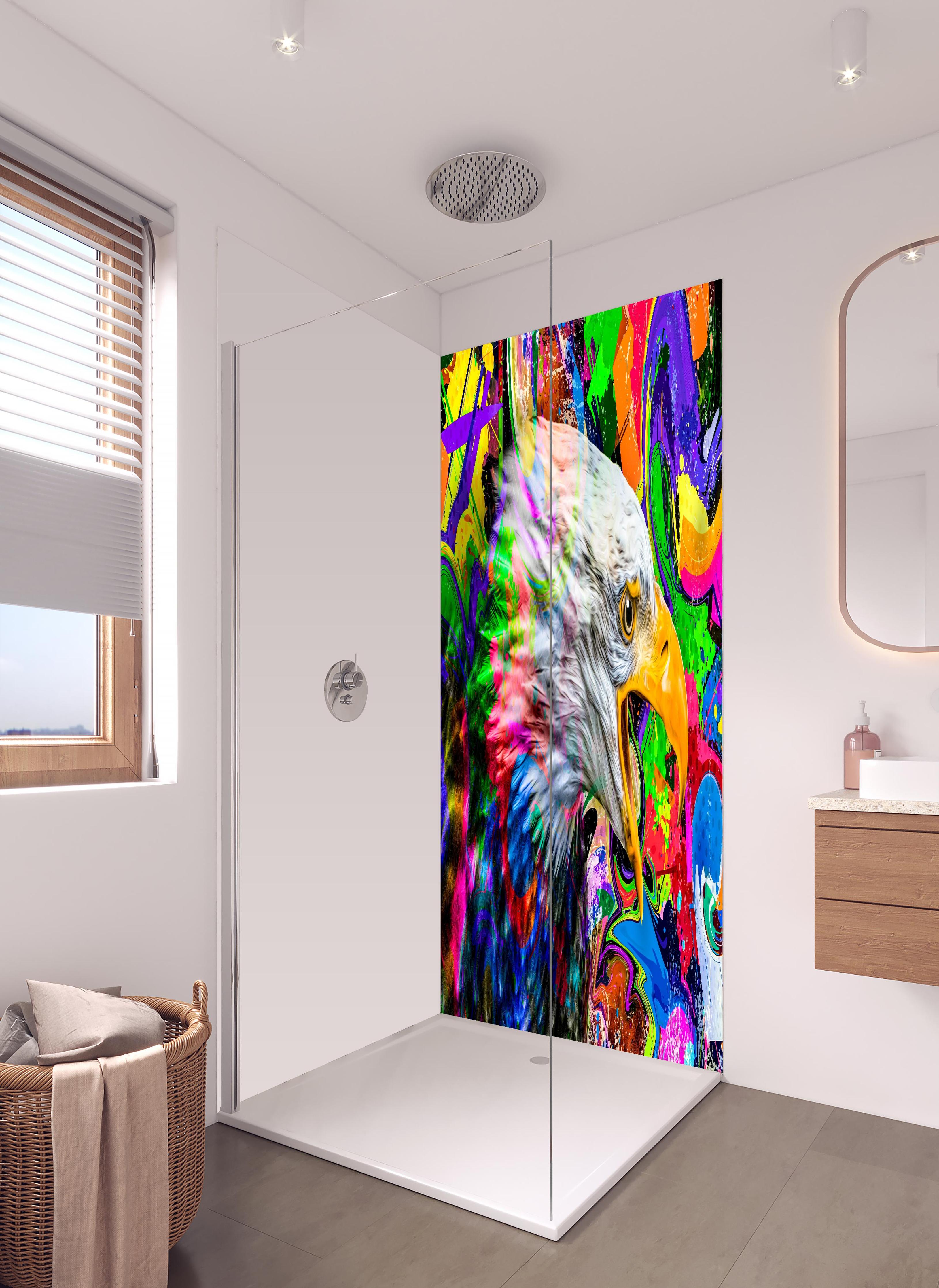 Duschrückwand - Bunter abstrakter Adlerkopf in hellem Badezimmer mit Regenduschkopf - zweiteilige Eck-Duschrückwand