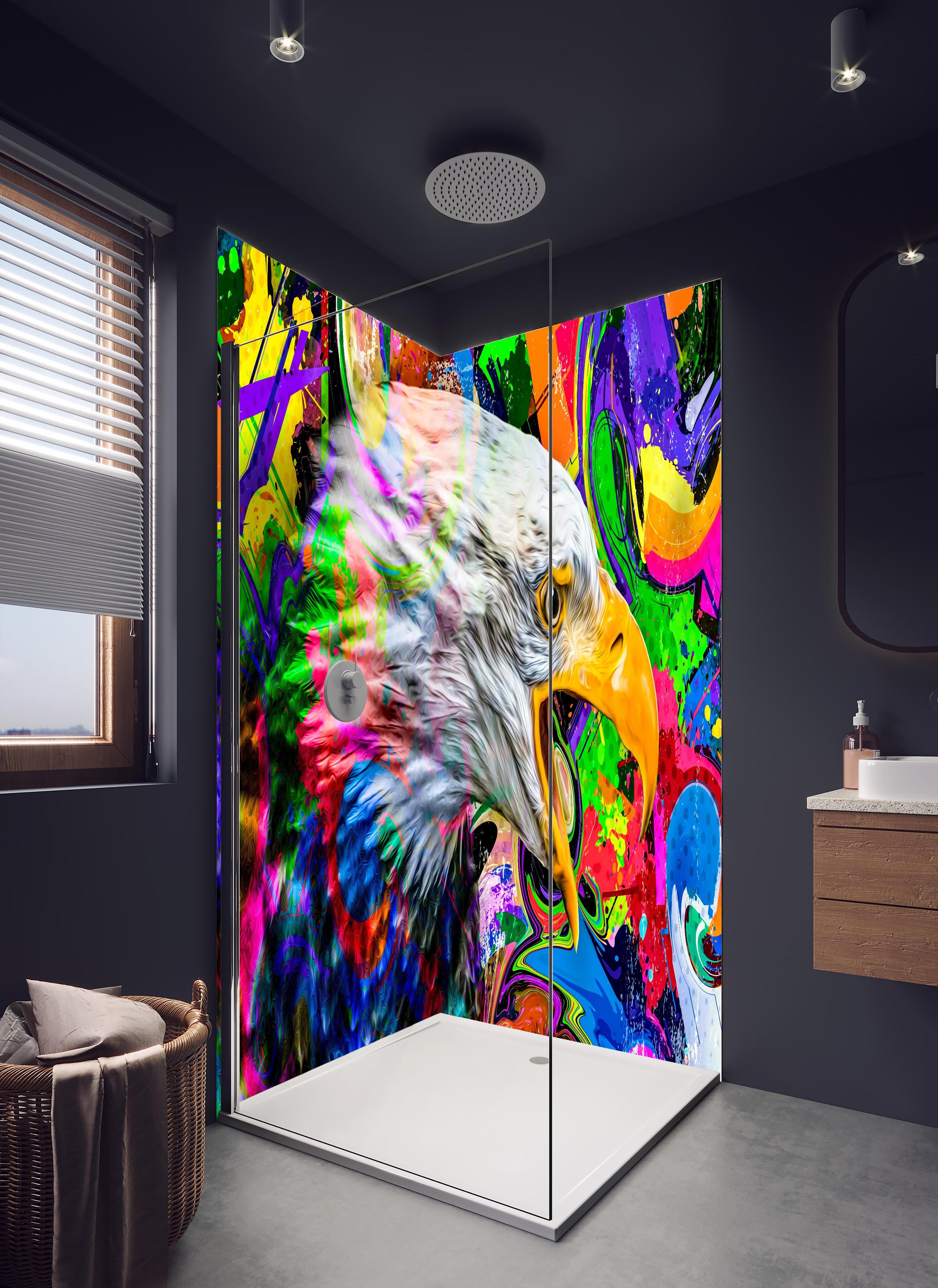 Duschrückwand - Bunter abstrakter Adlerkopf in hellem Badezimmer mit Regenduschkopf - zweiteilige Eck-Duschrückwand