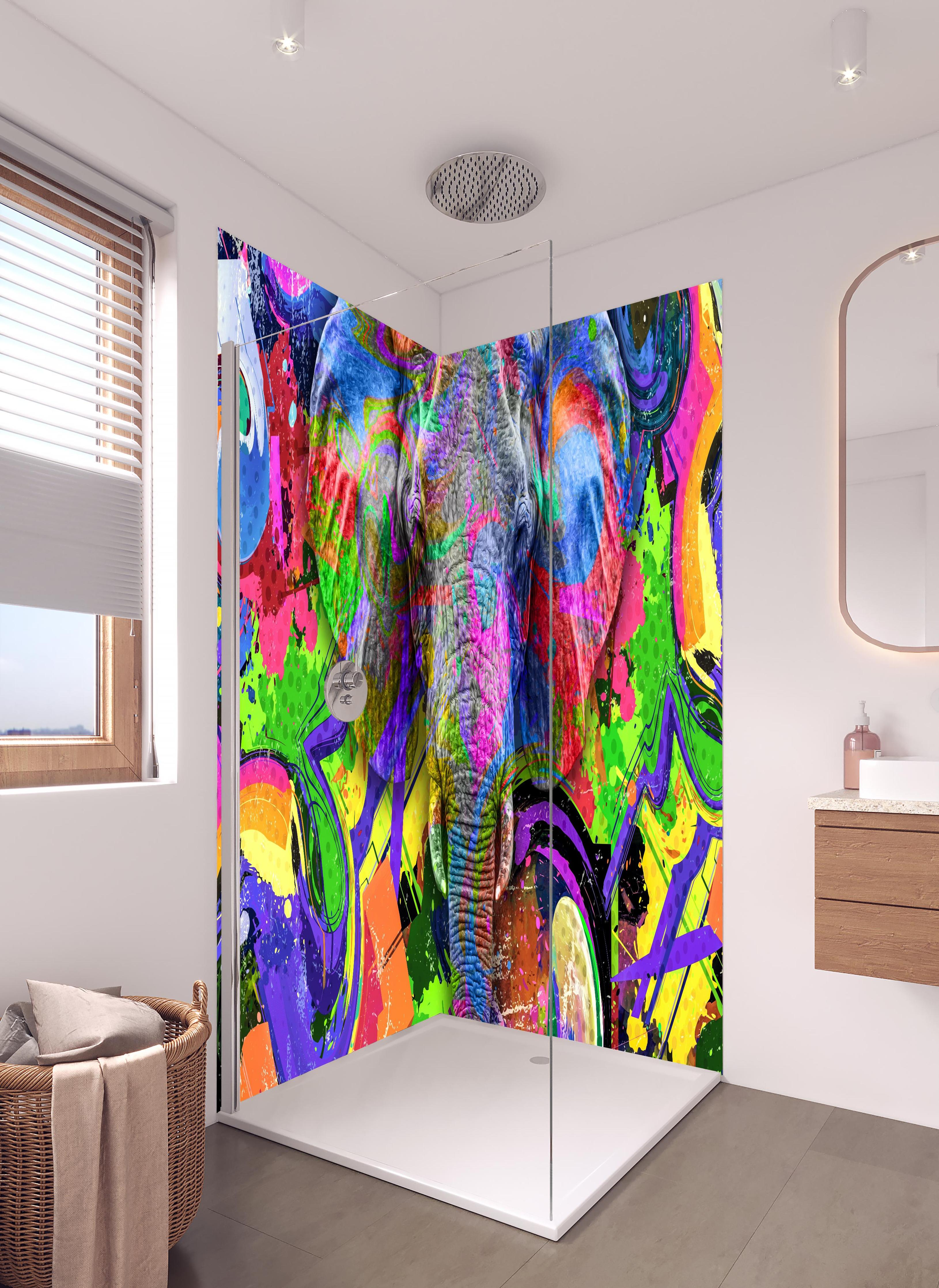 Duschrückwand - Bunter abstrakter Elefantenkopf in hellem Badezimmer mit Regenduschkopf - zweiteilige Eck-Duschrückwand