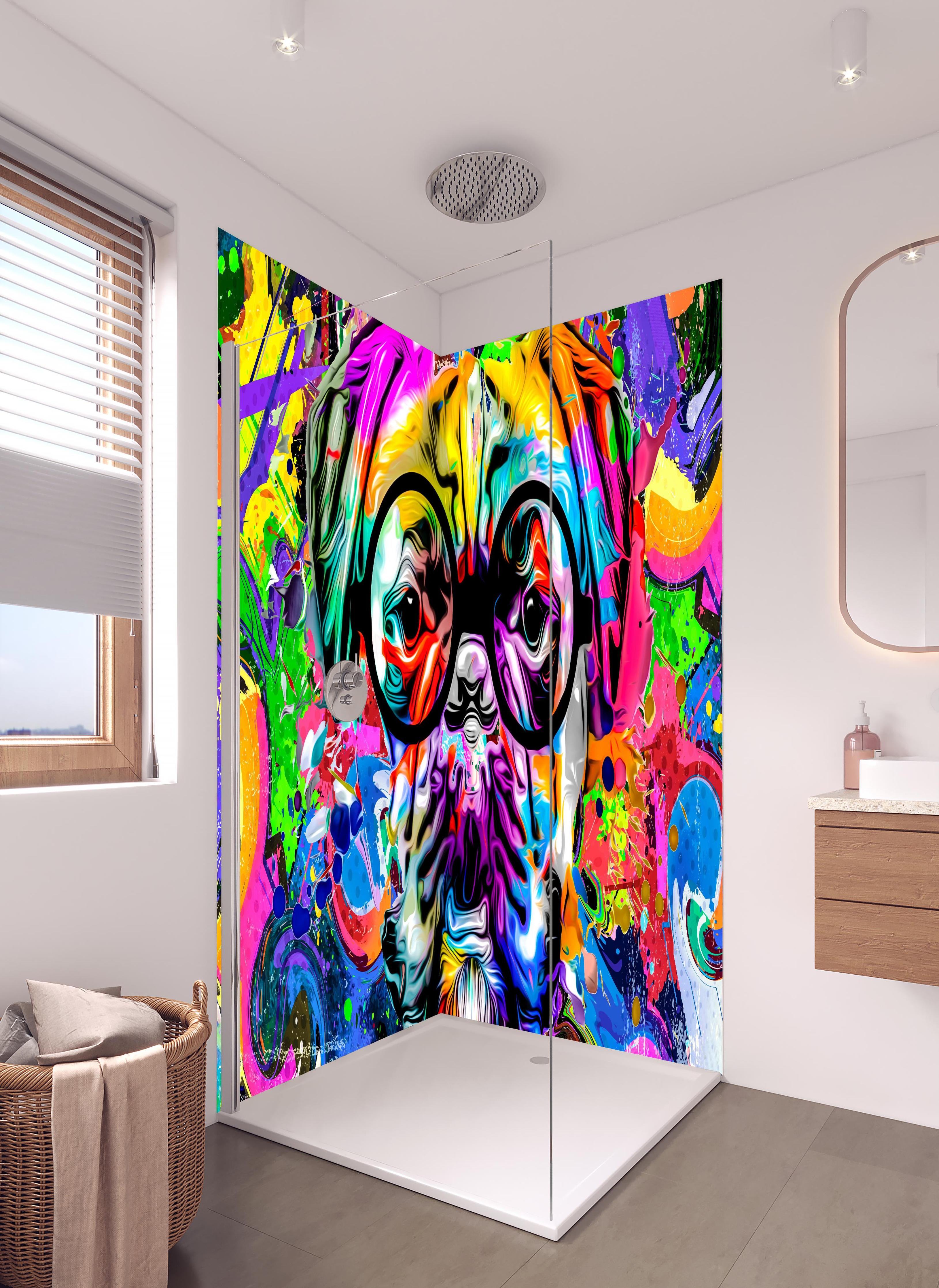 Duschrückwand - Bunter abstrakter Hundekopf mit Brille in hellem Badezimmer mit Regenduschkopf - zweiteilige Eck-Duschrückwand