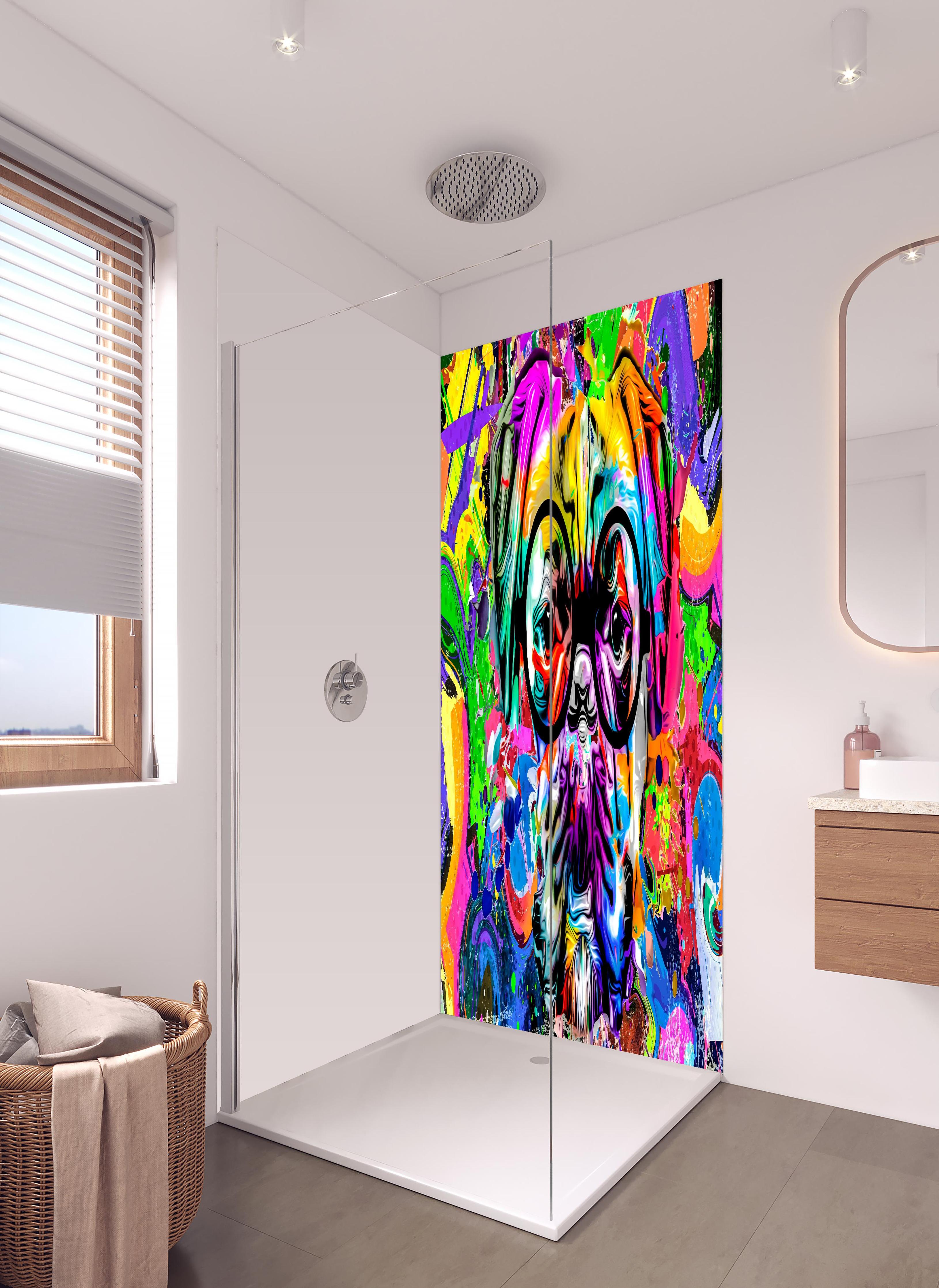 Duschrückwand - Bunter abstrakter Hundekopf mit Brille in hellem Badezimmer mit Regenduschkopf - zweiteilige Eck-Duschrückwand