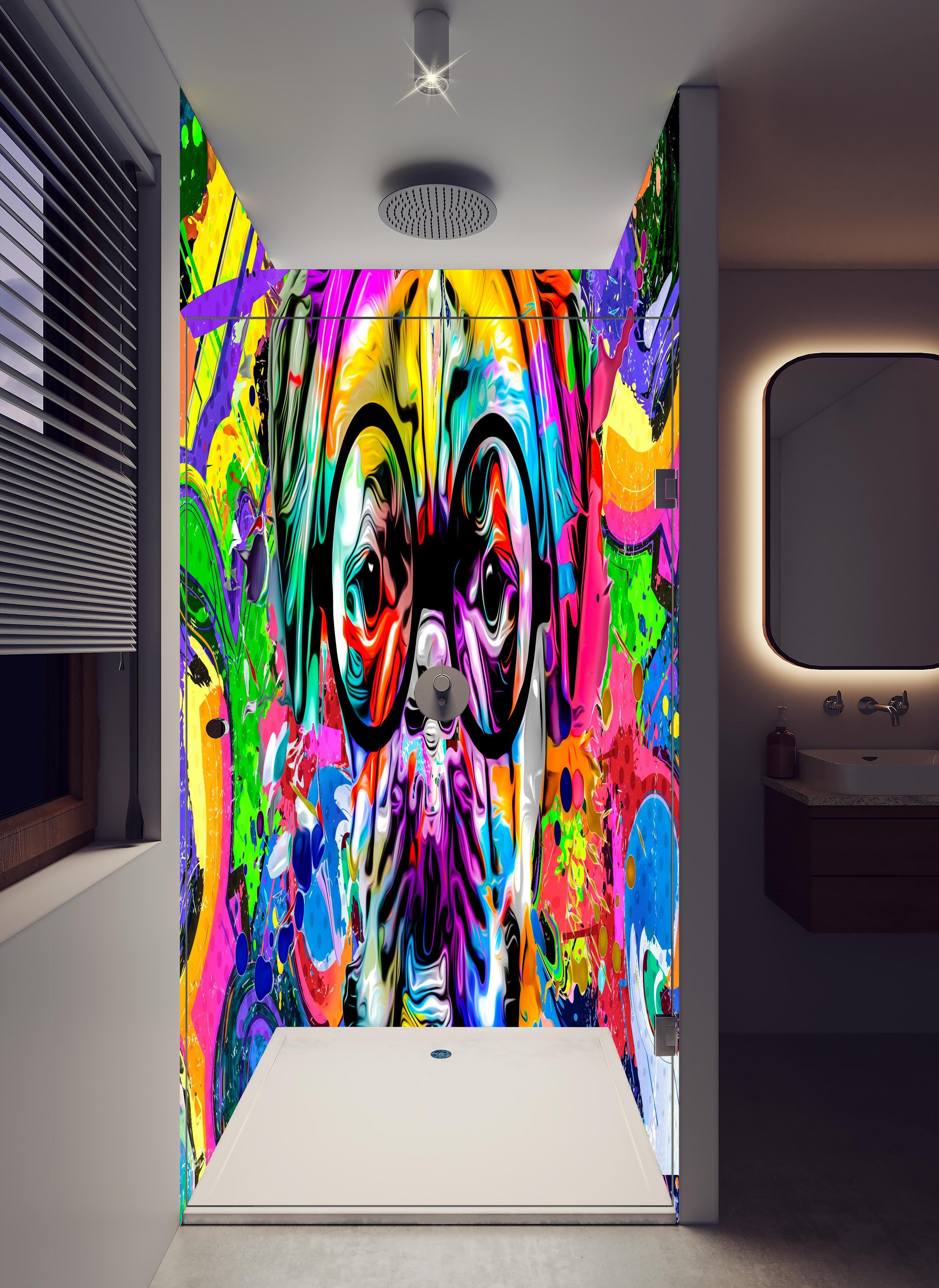 Duschrückwand - Bunter abstrakter Hundekopf mit Brille in hellem Badezimmer mit Regenduschkopf - zweiteilige Eck-Duschrückwand