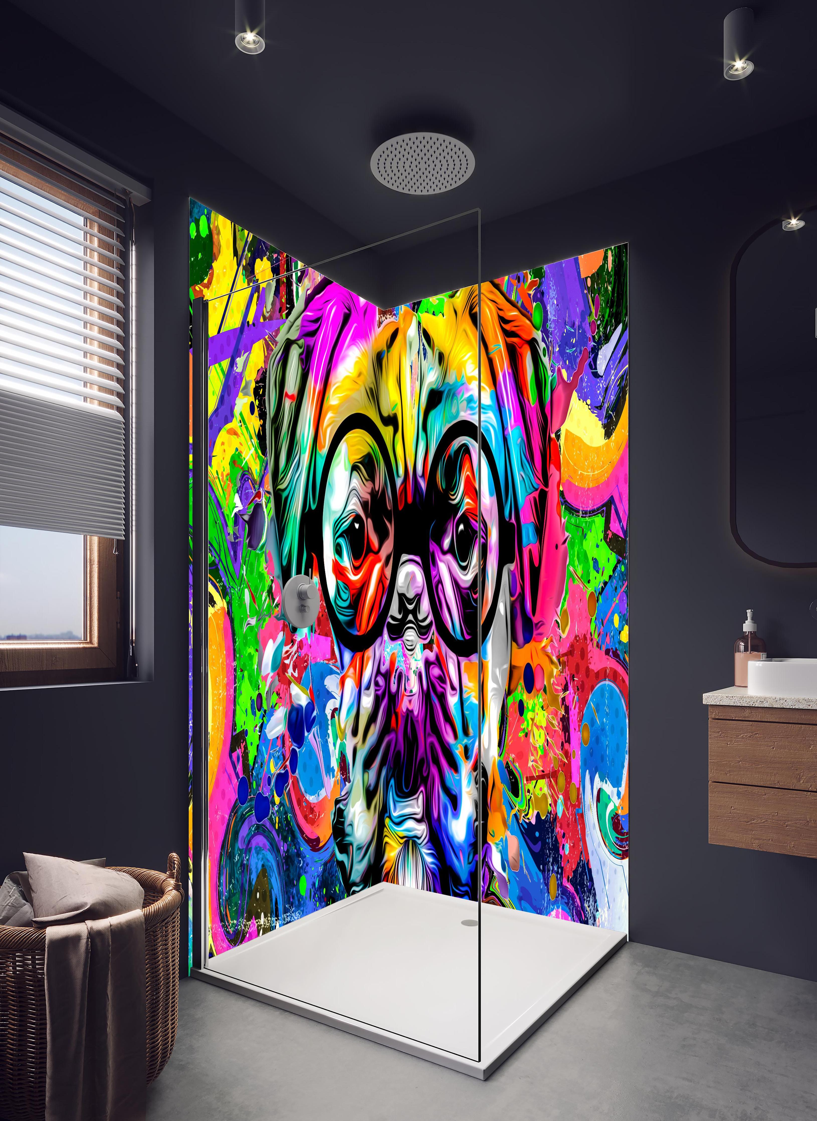 Duschrückwand - Bunter abstrakter Hundekopf mit Brille in hellem Badezimmer mit Regenduschkopf - zweiteilige Eck-Duschrückwand