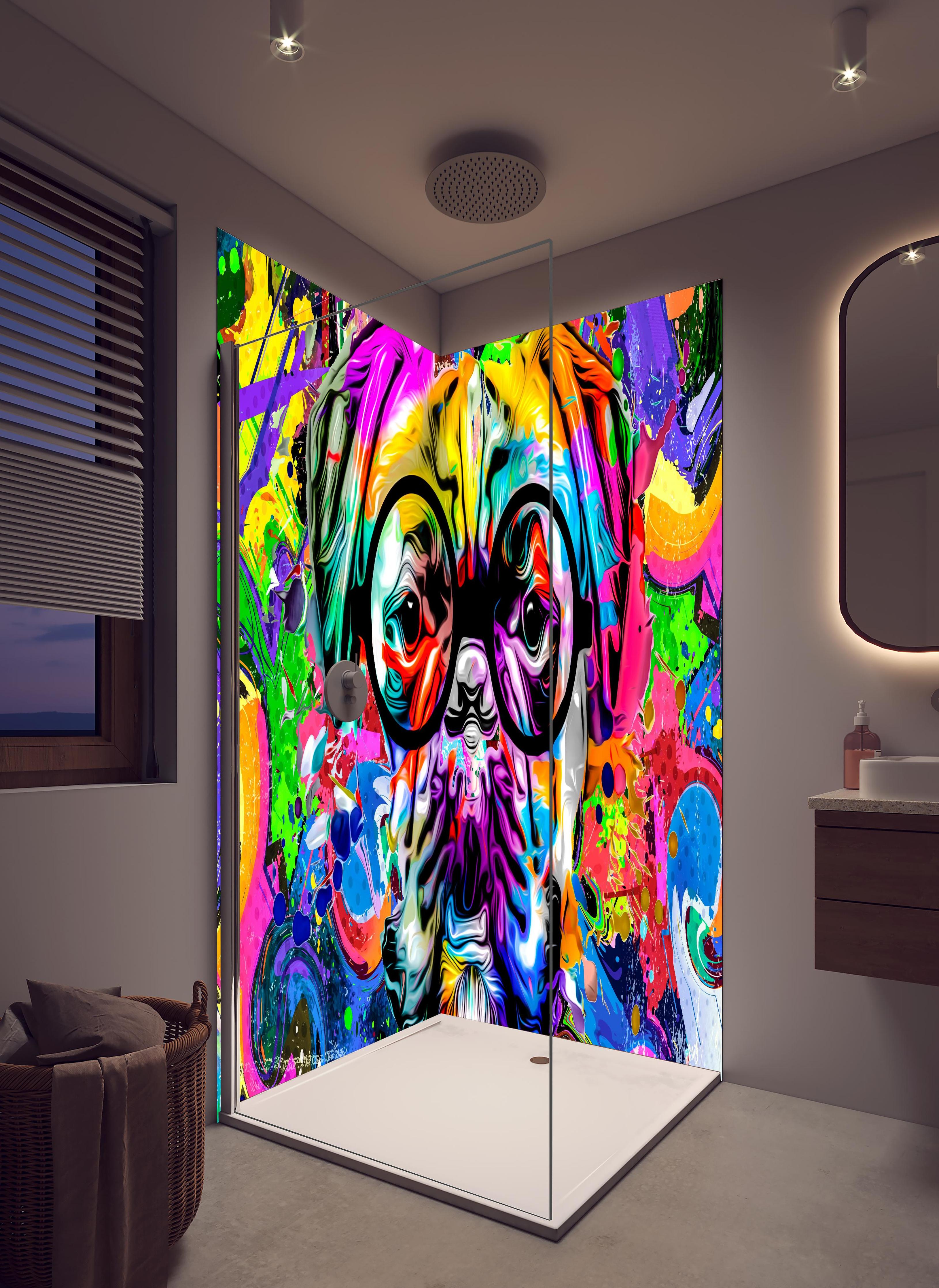 Duschrückwand - Bunter abstrakter Hundekopf mit Brille in hellem Badezimmer mit Regenduschkopf - zweiteilige Eck-Duschrückwand