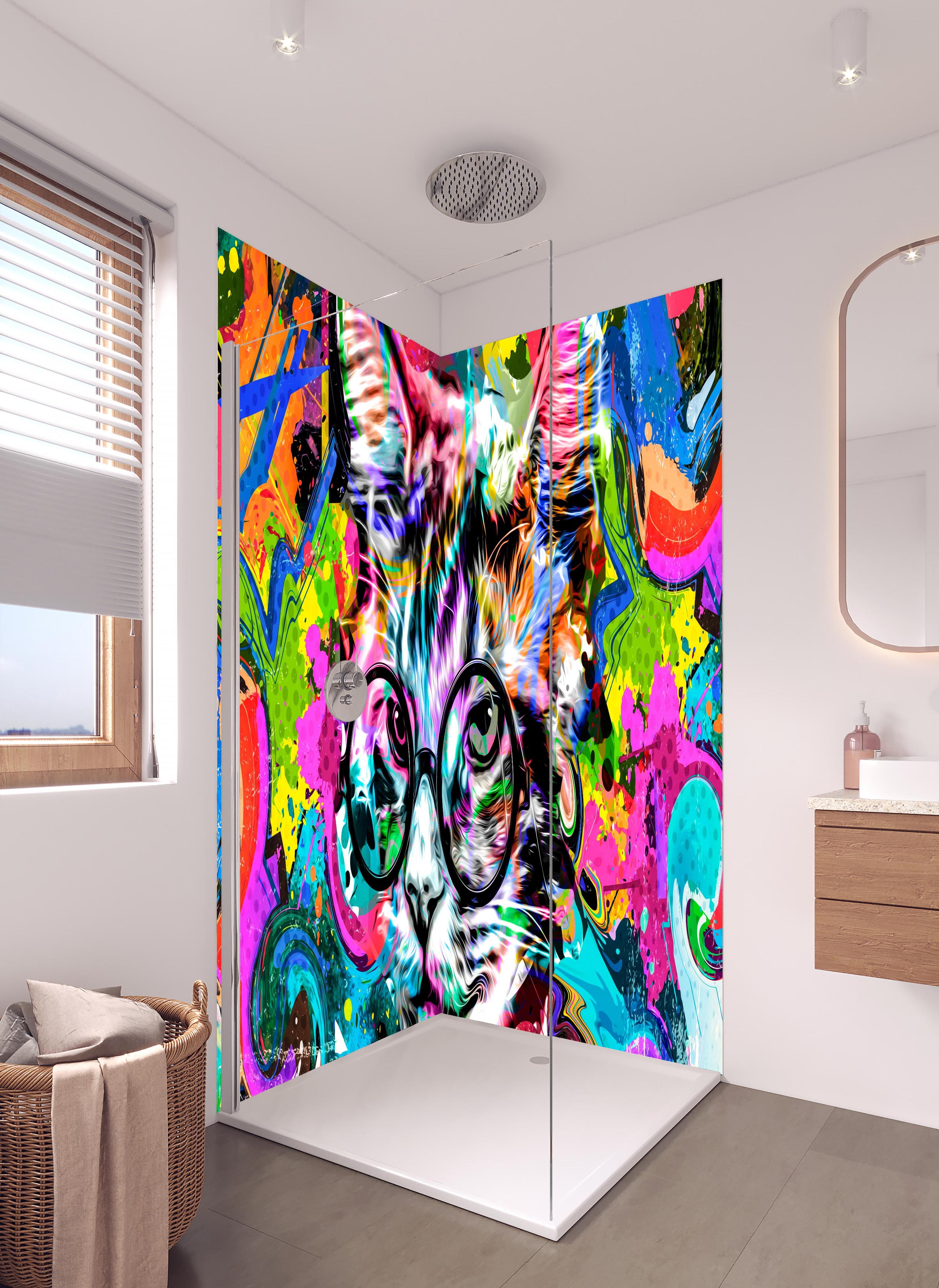 Duschrückwand - Bunter abstrakter Katzenkopf mit Brille in hellem Badezimmer mit Regenduschkopf - zweiteilige Eck-Duschrückwand