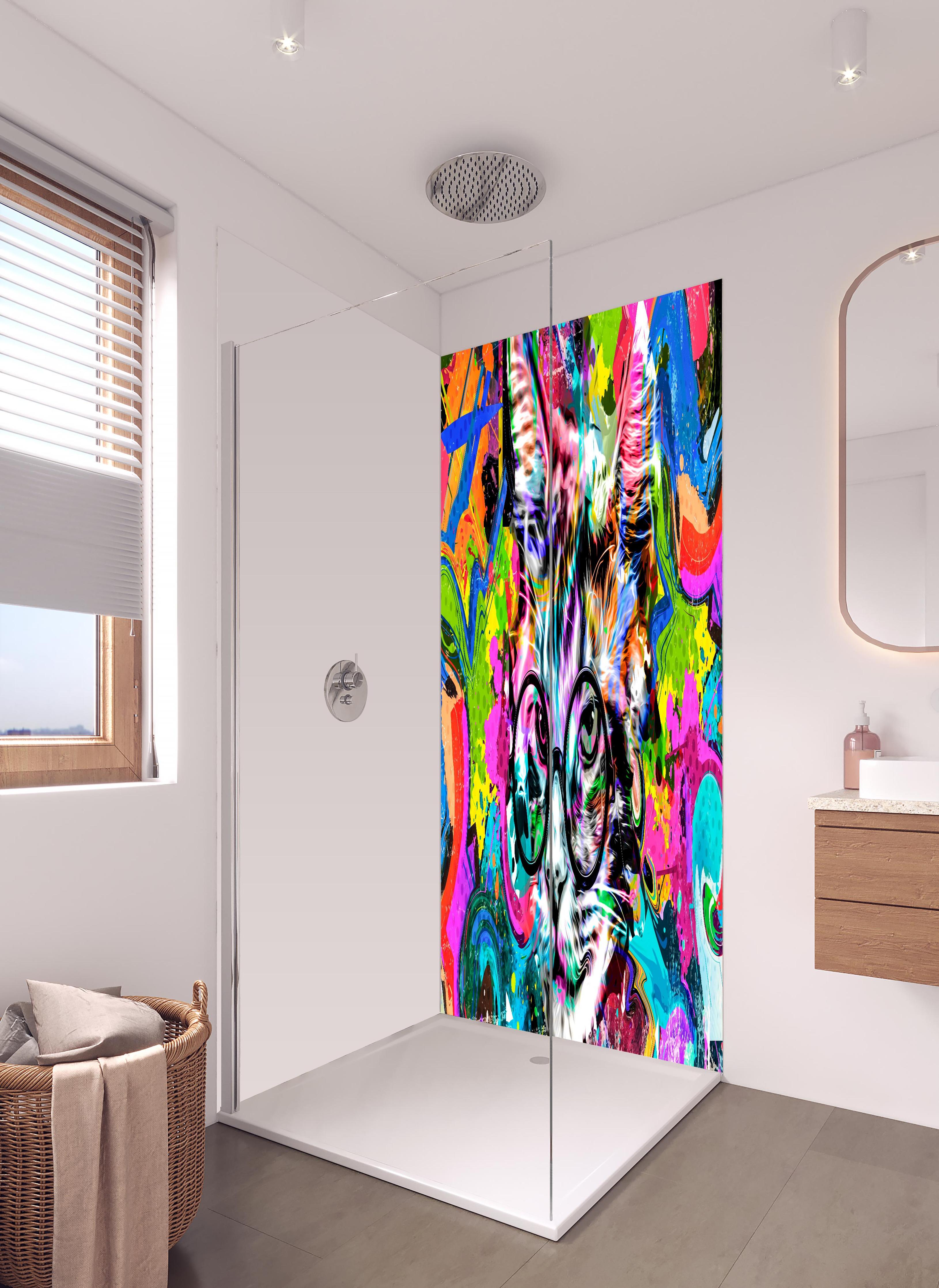 Duschrückwand - Bunter abstrakter Katzenkopf mit Brille in hellem Badezimmer mit Regenduschkopf - zweiteilige Eck-Duschrückwand