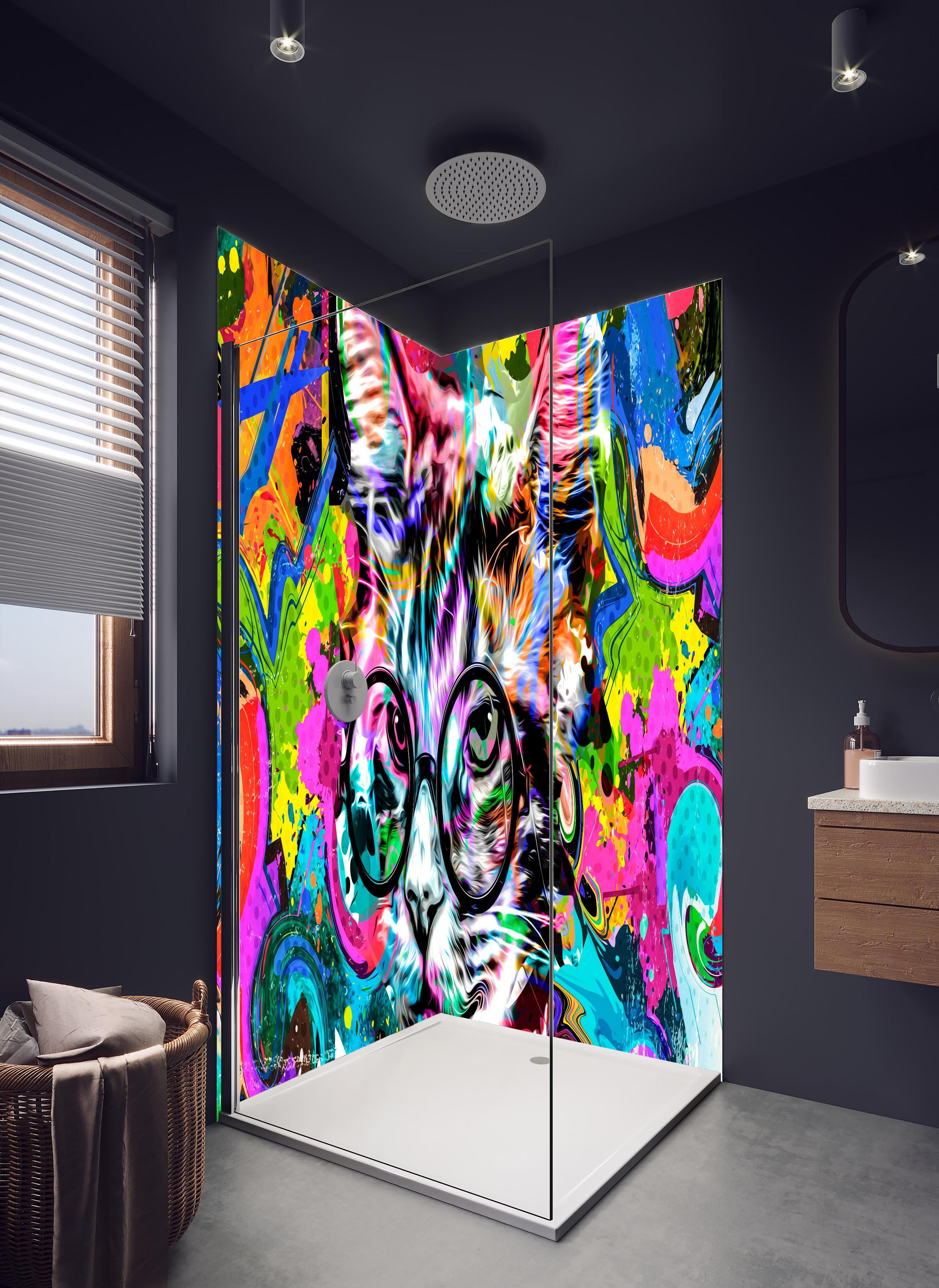 Duschrückwand - Bunter abstrakter Katzenkopf mit Brille in hellem Badezimmer mit Regenduschkopf - zweiteilige Eck-Duschrückwand