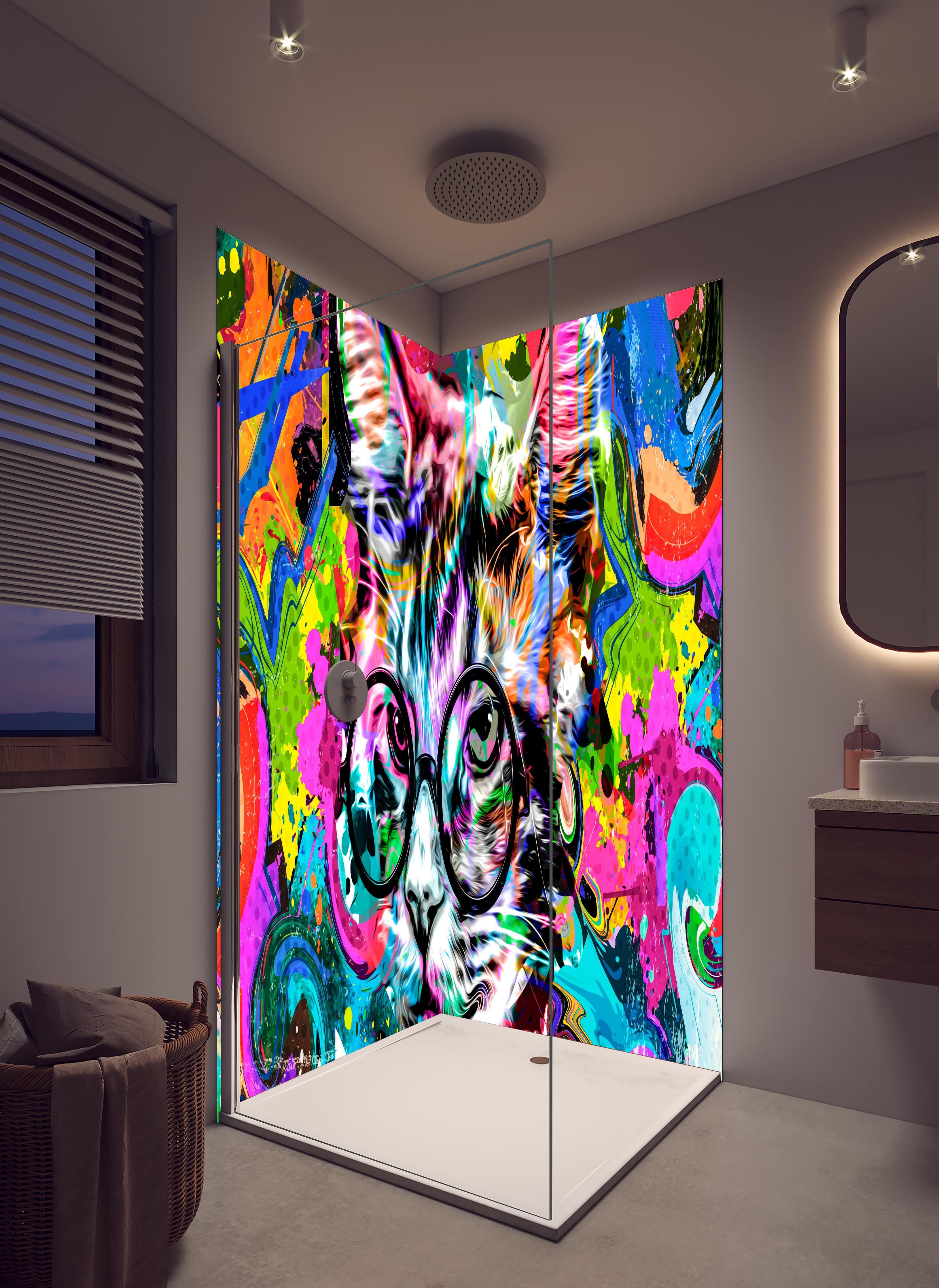 Duschrückwand - Bunter abstrakter Katzenkopf mit Brille in hellem Badezimmer mit Regenduschkopf - zweiteilige Eck-Duschrückwand