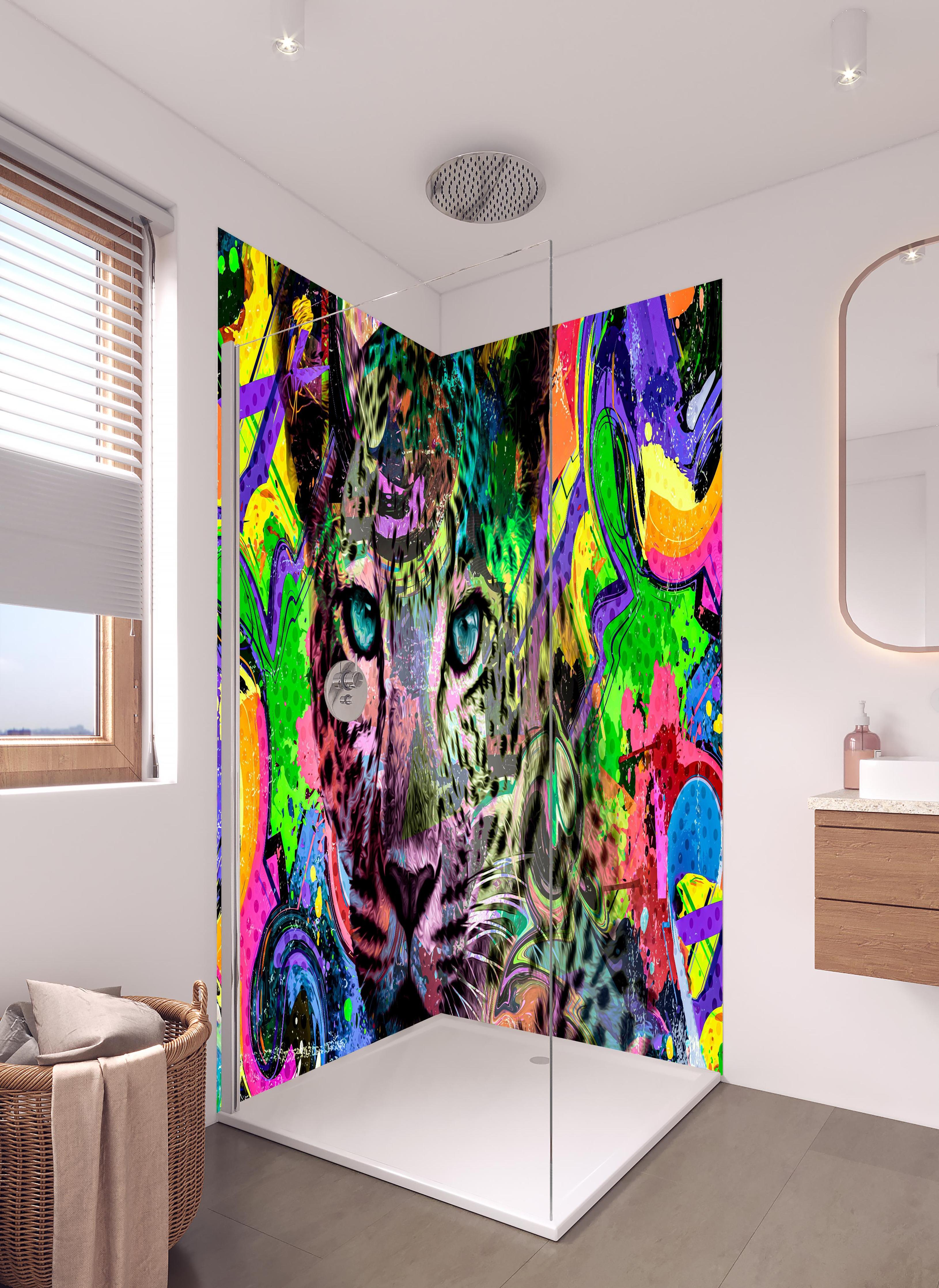 Duschrückwand - Bunter abstrakter Leopardenkopf in hellem Badezimmer mit Regenduschkopf - zweiteilige Eck-Duschrückwand