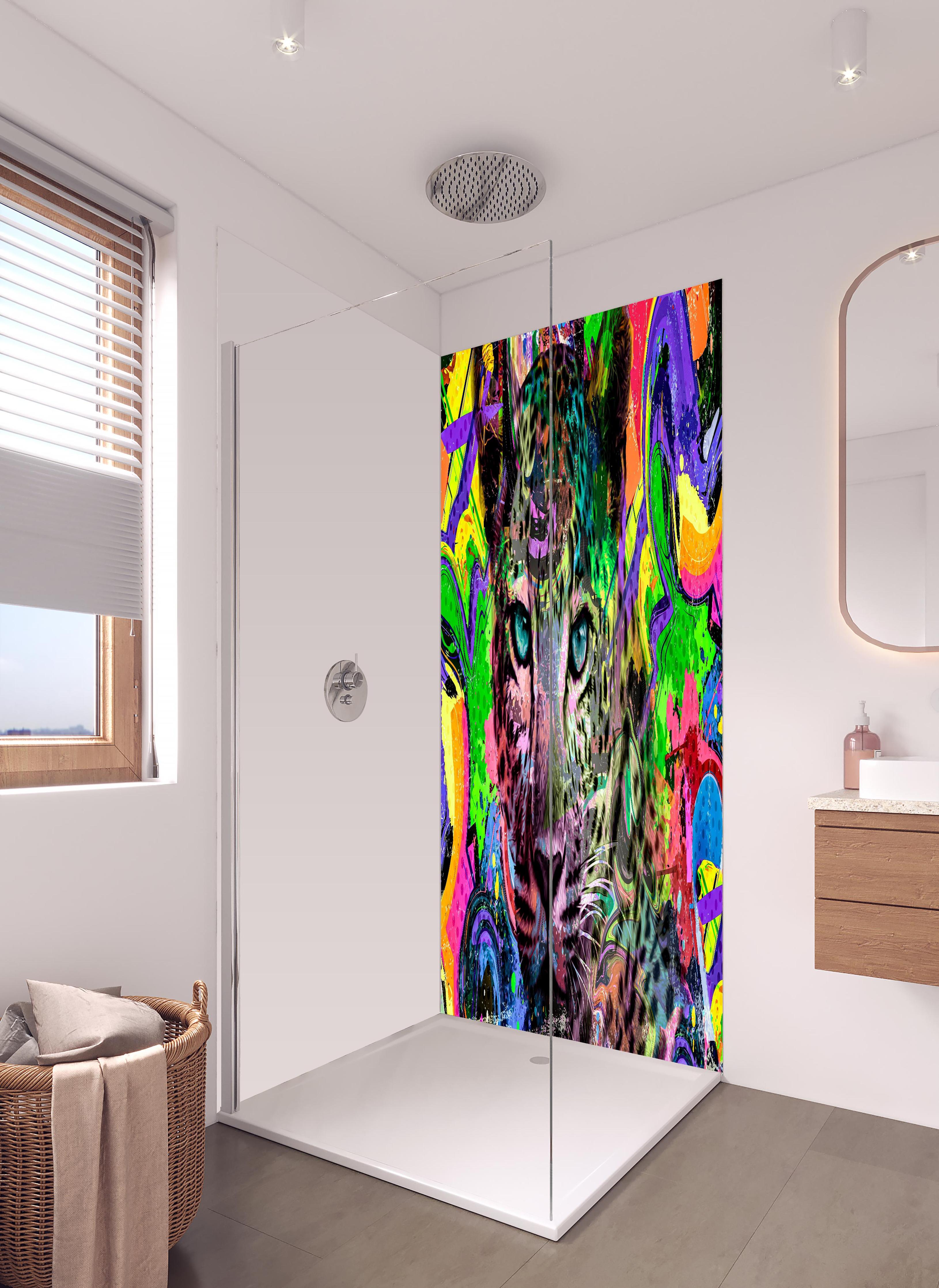 Duschrückwand - Bunter abstrakter Leopardenkopf in hellem Badezimmer mit Regenduschkopf - zweiteilige Eck-Duschrückwand