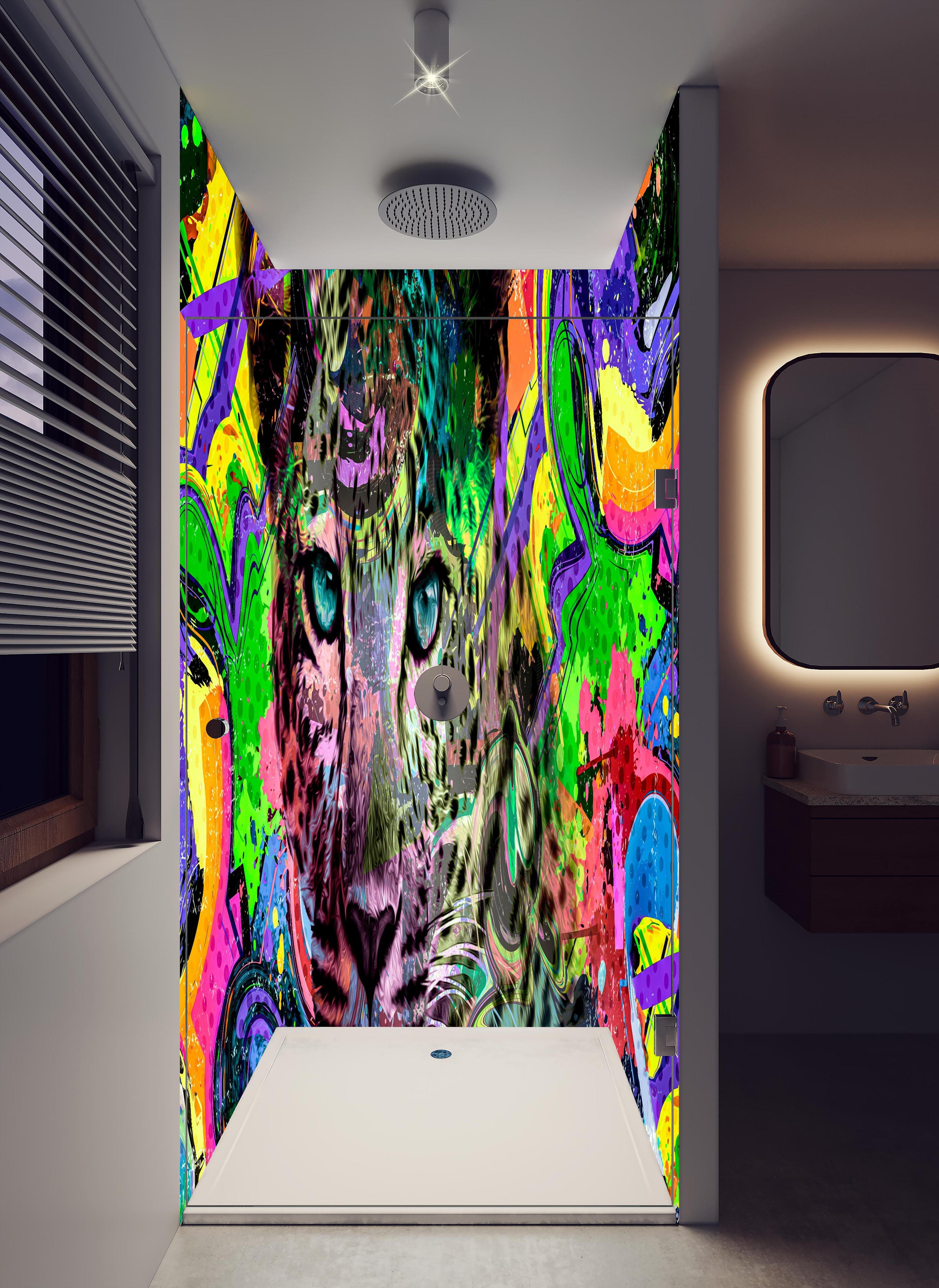 Duschrückwand - Bunter abstrakter Leopardenkopf in hellem Badezimmer mit Regenduschkopf - zweiteilige Eck-Duschrückwand