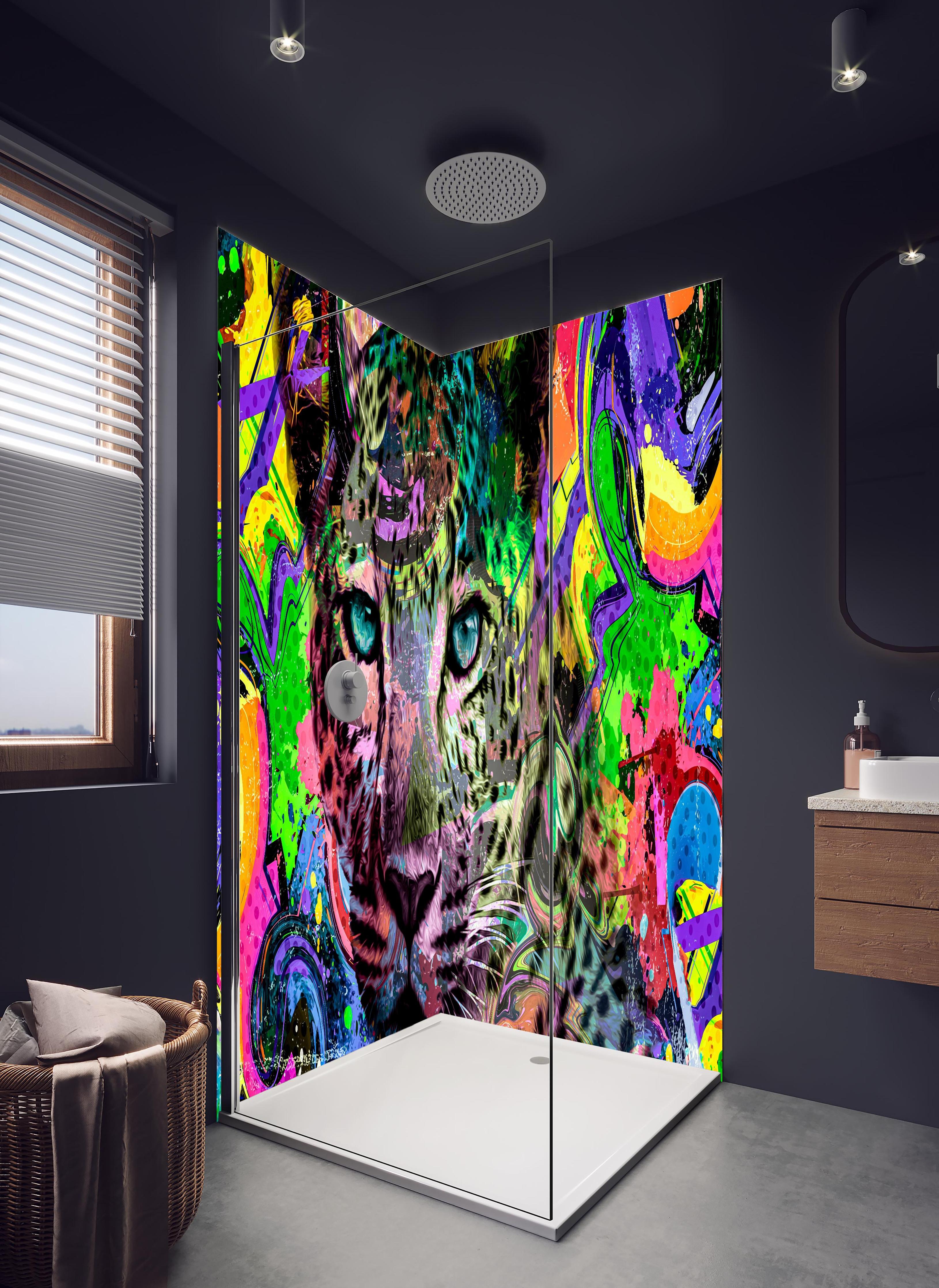 Duschrückwand - Bunter abstrakter Leopardenkopf in hellem Badezimmer mit Regenduschkopf - zweiteilige Eck-Duschrückwand