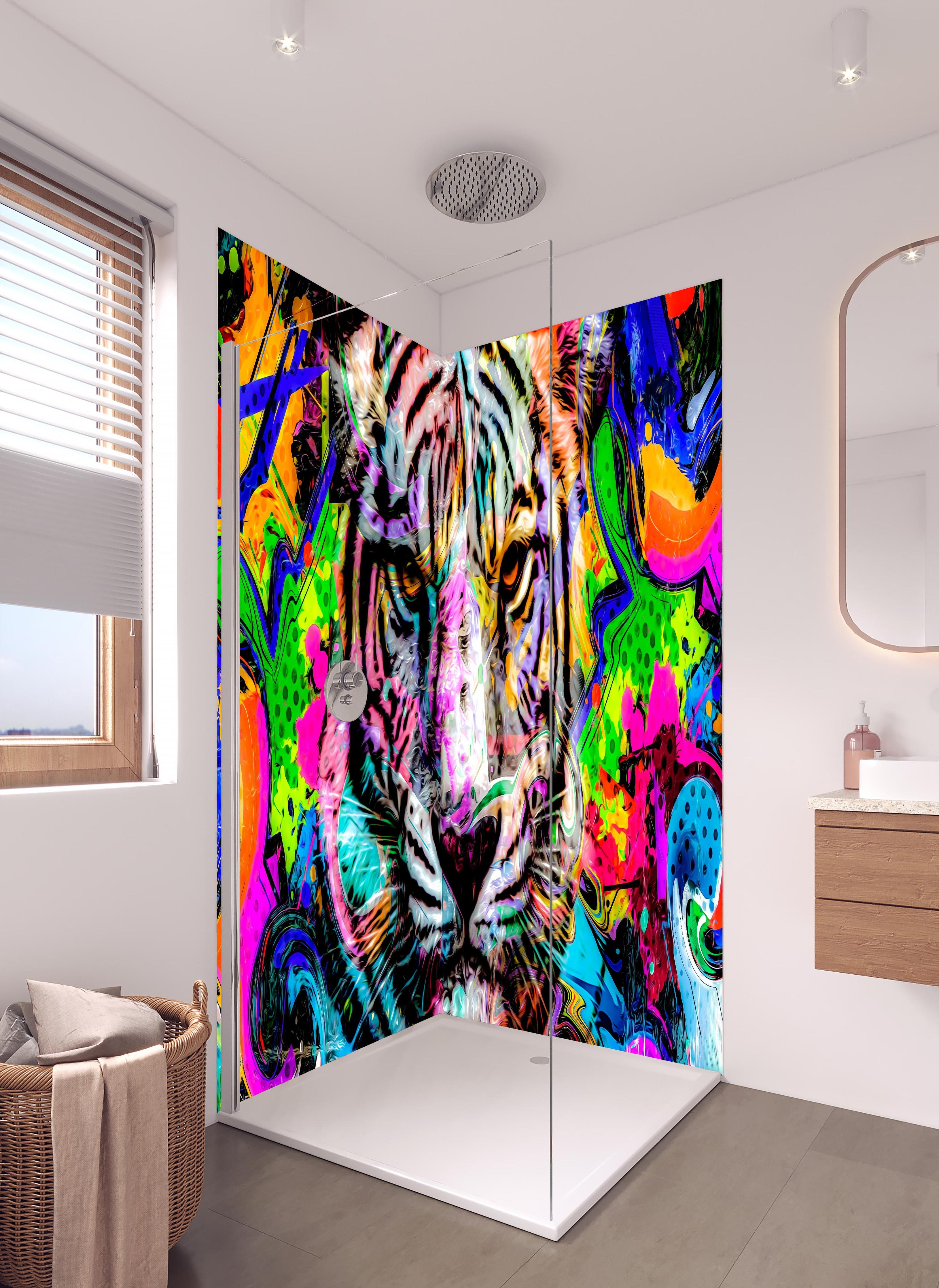 Duschrückwand - Bunter abstrakter Tigerkopf in hellem Badezimmer mit Regenduschkopf - zweiteilige Eck-Duschrückwand