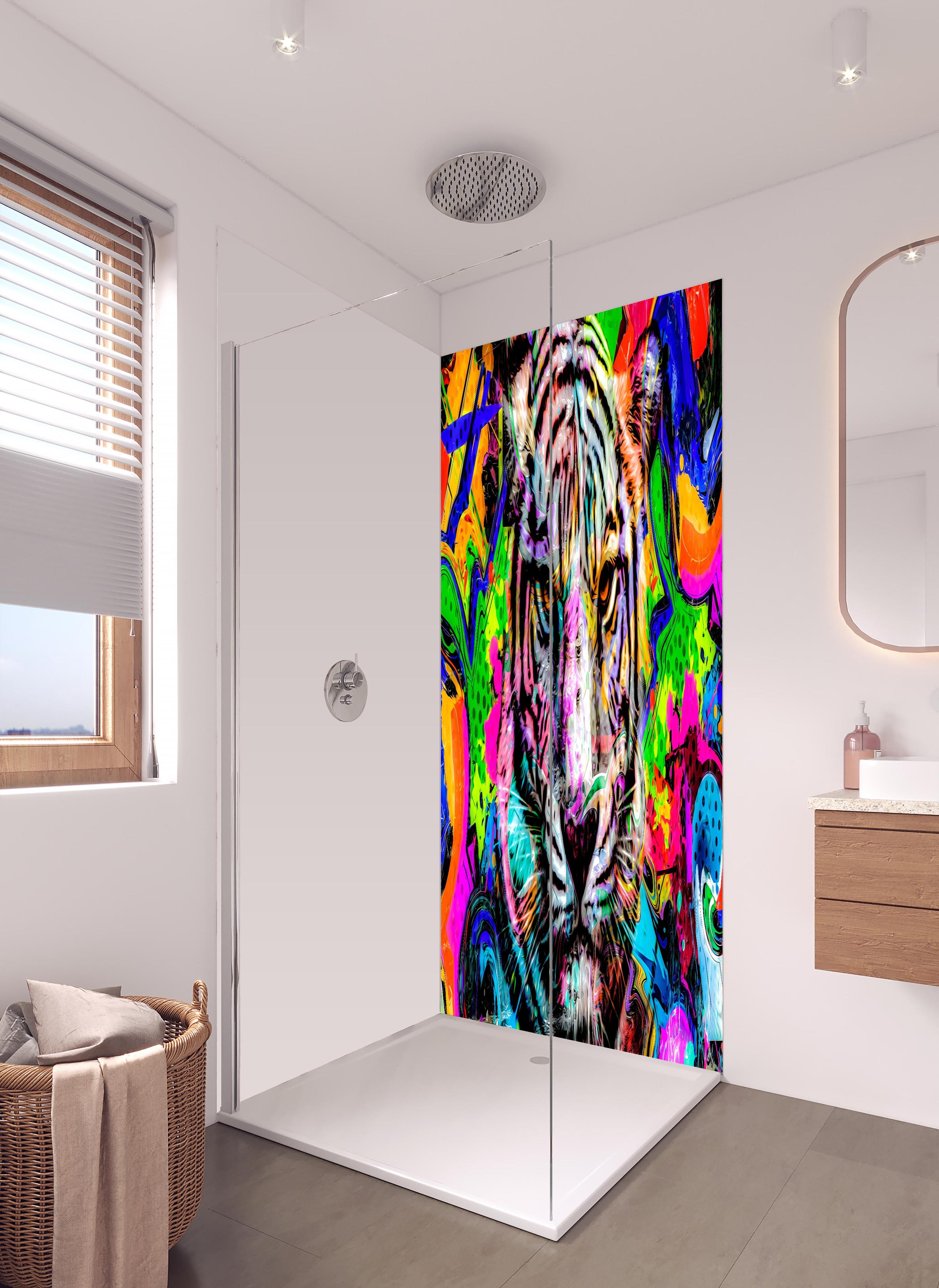 Duschrückwand - Bunter abstrakter Tigerkopf in hellem Badezimmer mit Regenduschkopf - zweiteilige Eck-Duschrückwand