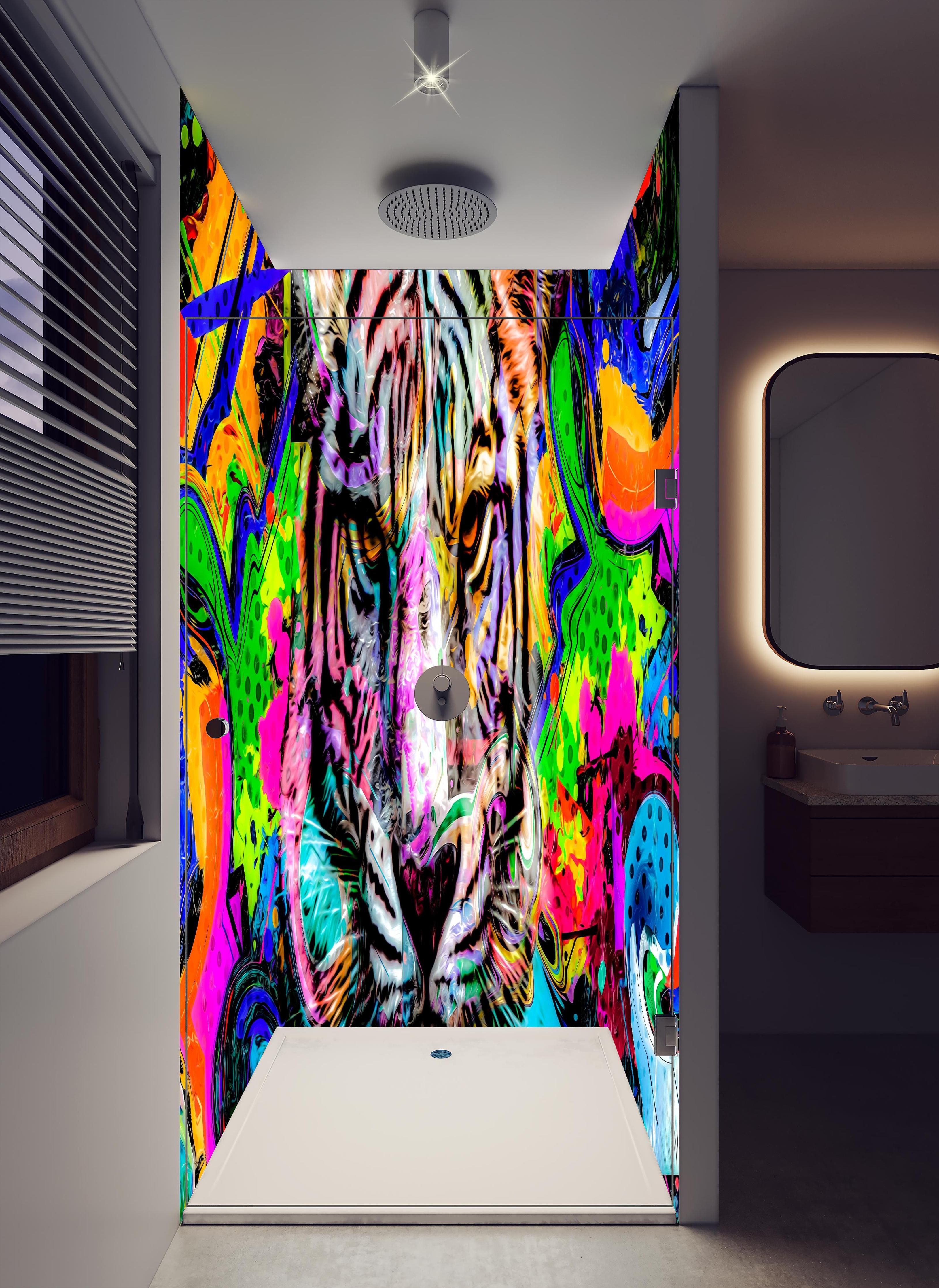 Duschrückwand - Bunter abstrakter Tigerkopf in hellem Badezimmer mit Regenduschkopf - zweiteilige Eck-Duschrückwand