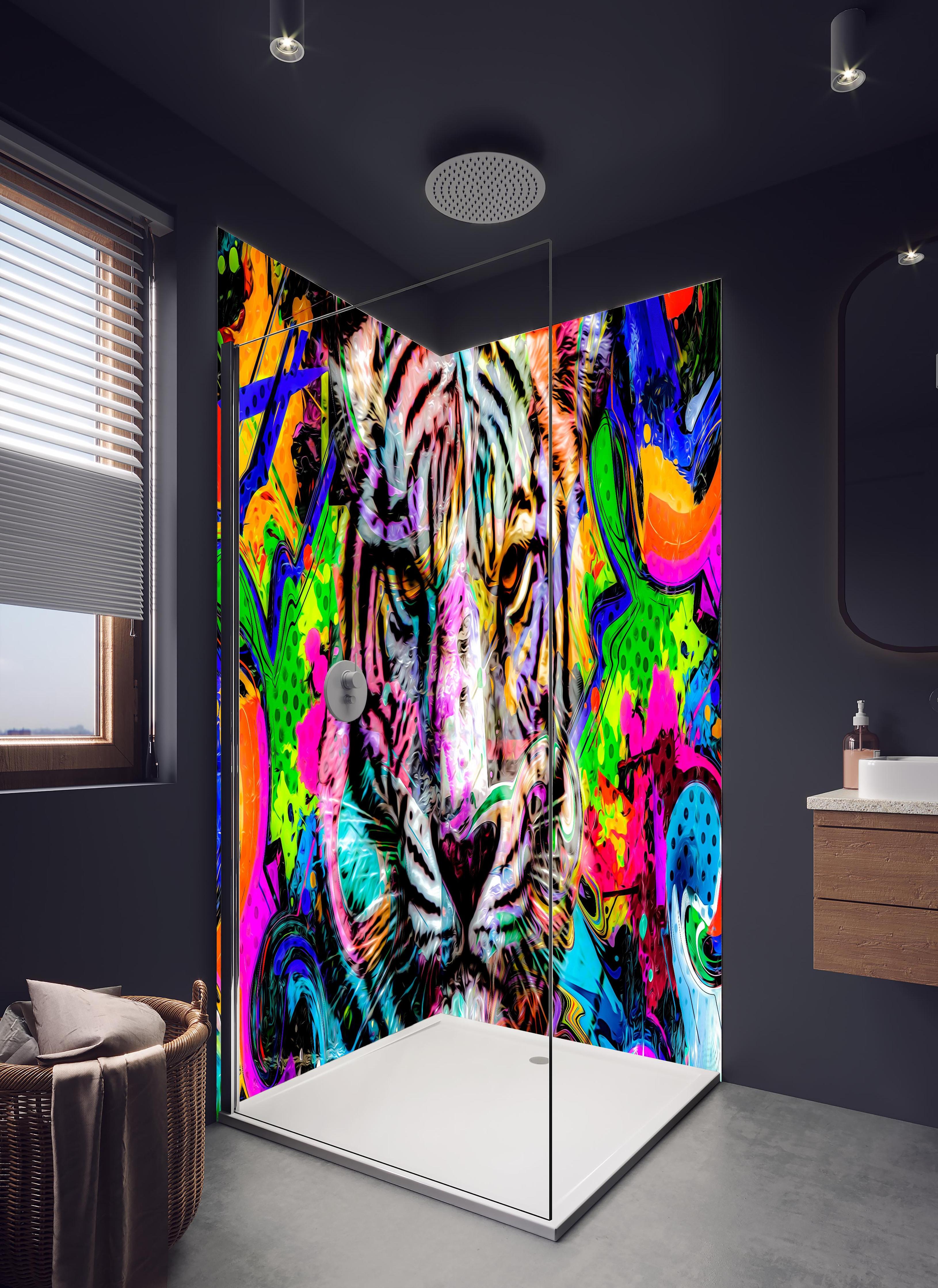 Duschrückwand - Bunter abstrakter Tigerkopf in hellem Badezimmer mit Regenduschkopf - zweiteilige Eck-Duschrückwand