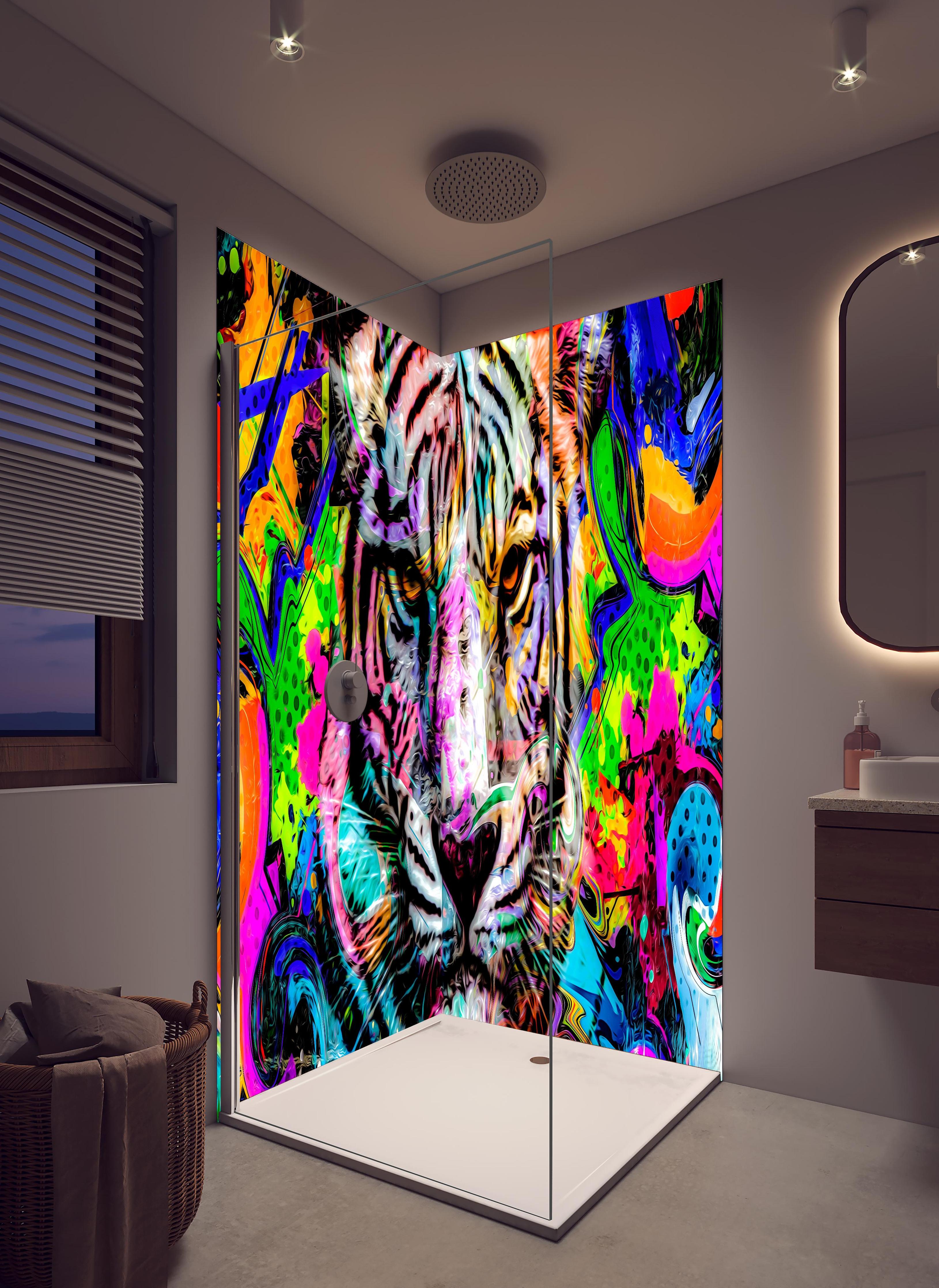 Duschrückwand - Bunter abstrakter Tigerkopf in hellem Badezimmer mit Regenduschkopf - zweiteilige Eck-Duschrückwand