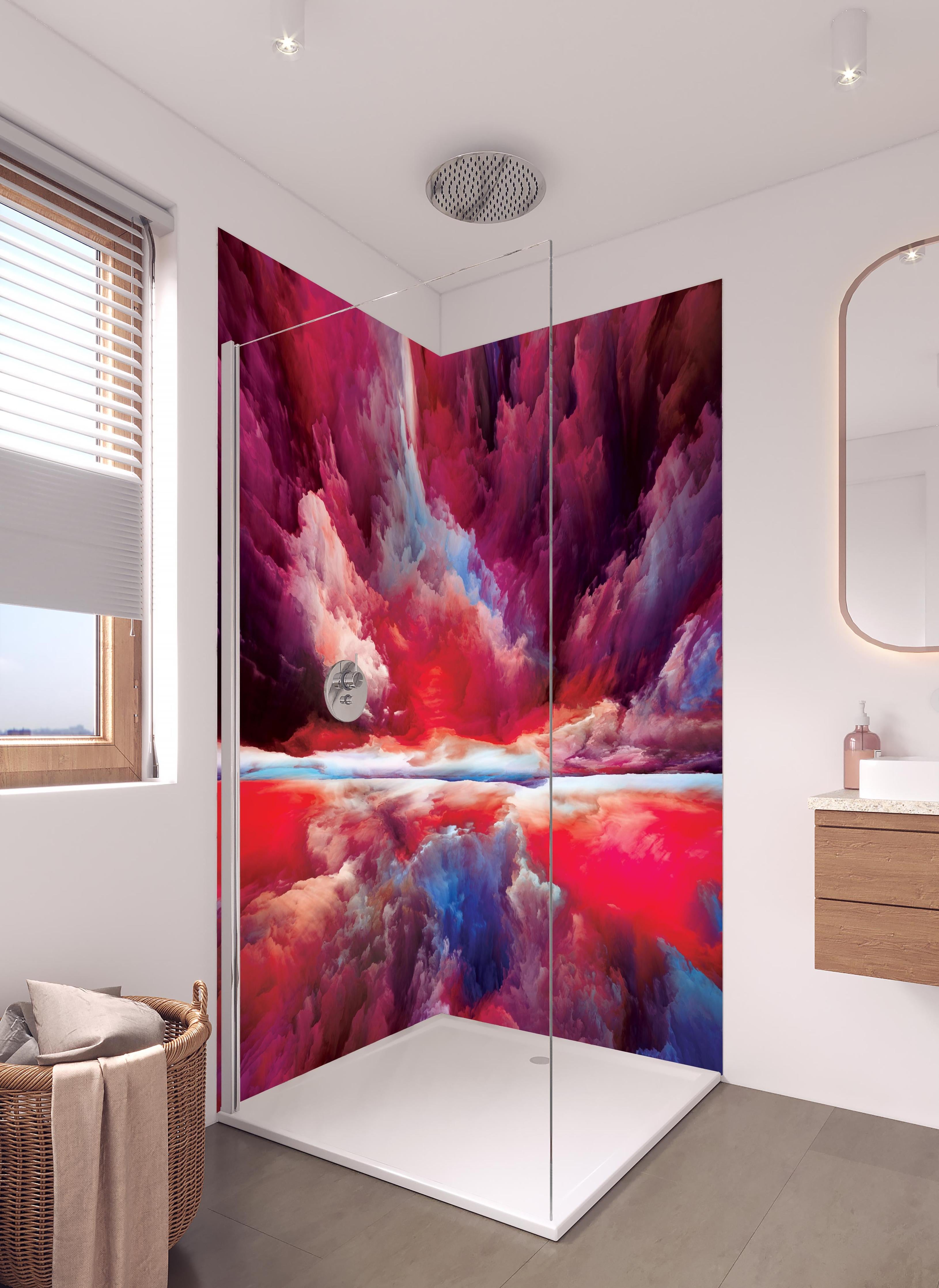 Duschrückwand - Buntes Abstraktes Himmelspiel in hellem Badezimmer mit Regenduschkopf - zweiteilige Eck-Duschrückwand