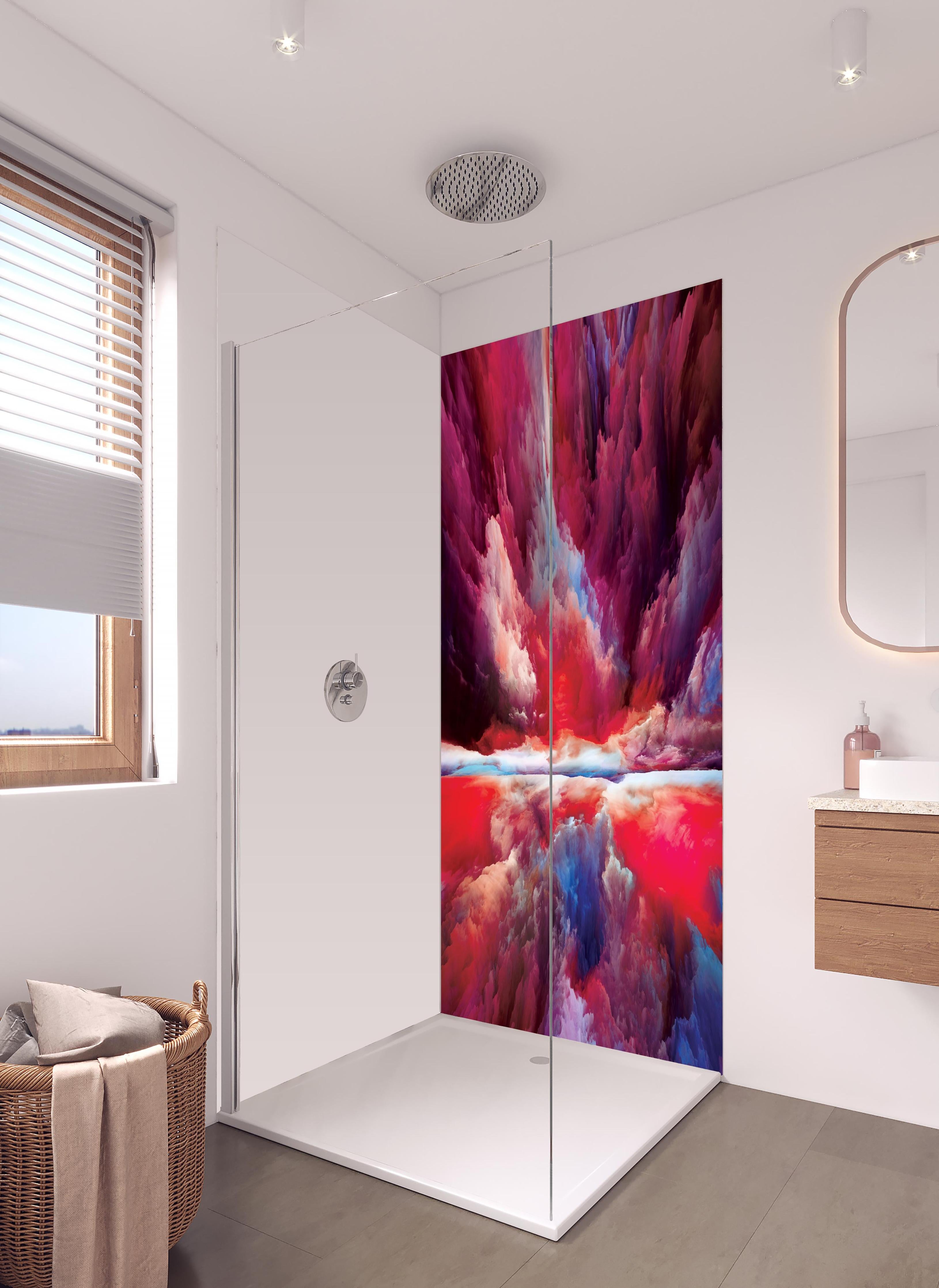 Duschrückwand - Buntes Abstraktes Himmelspiel in hellem Badezimmer mit Regenduschkopf - zweiteilige Eck-Duschrückwand