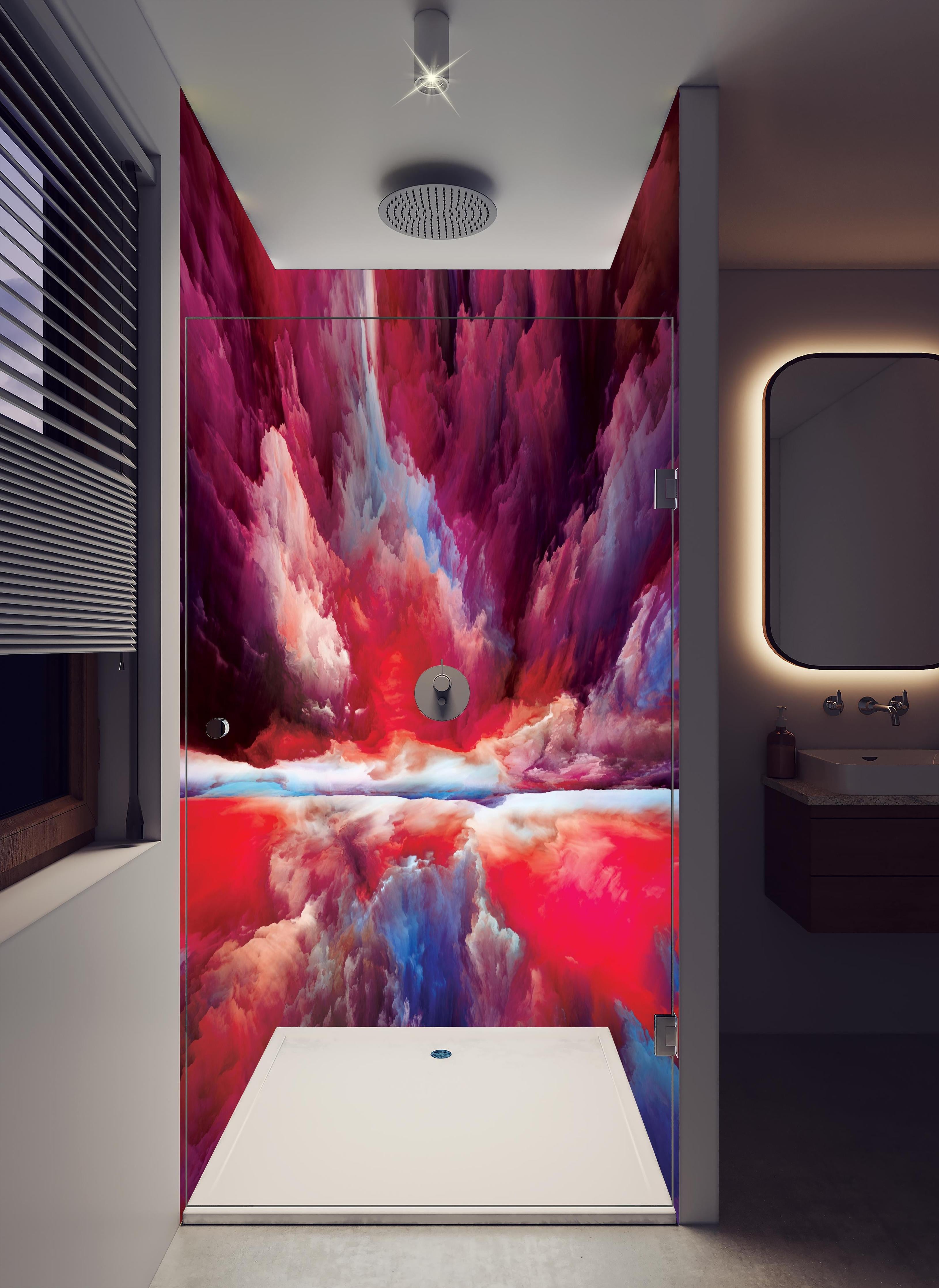 Duschrückwand - Buntes Abstraktes Himmelspiel in hellem Badezimmer mit Regenduschkopf - zweiteilige Eck-Duschrückwand