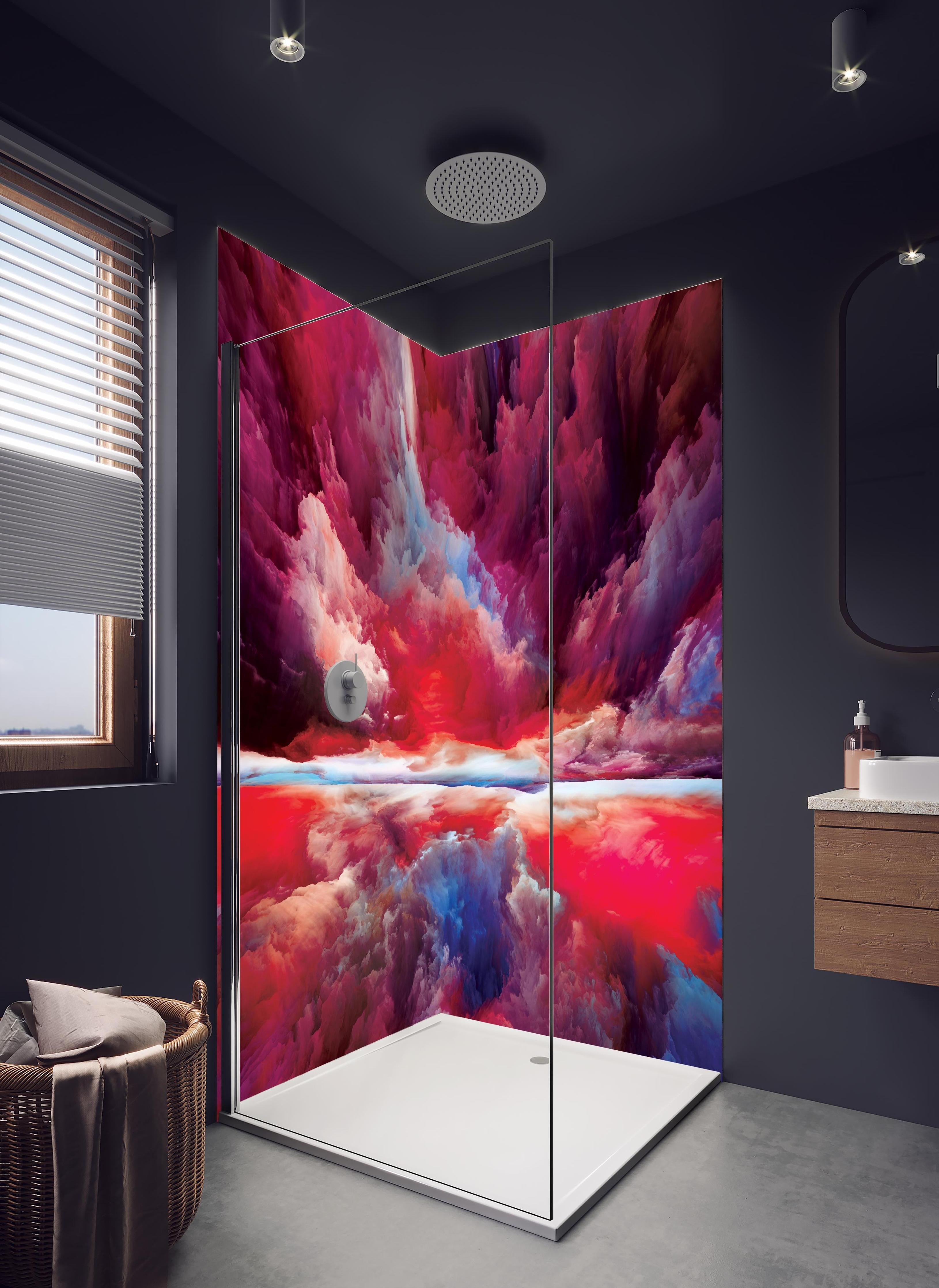 Duschrückwand - Buntes Abstraktes Himmelspiel in hellem Badezimmer mit Regenduschkopf - zweiteilige Eck-Duschrückwand