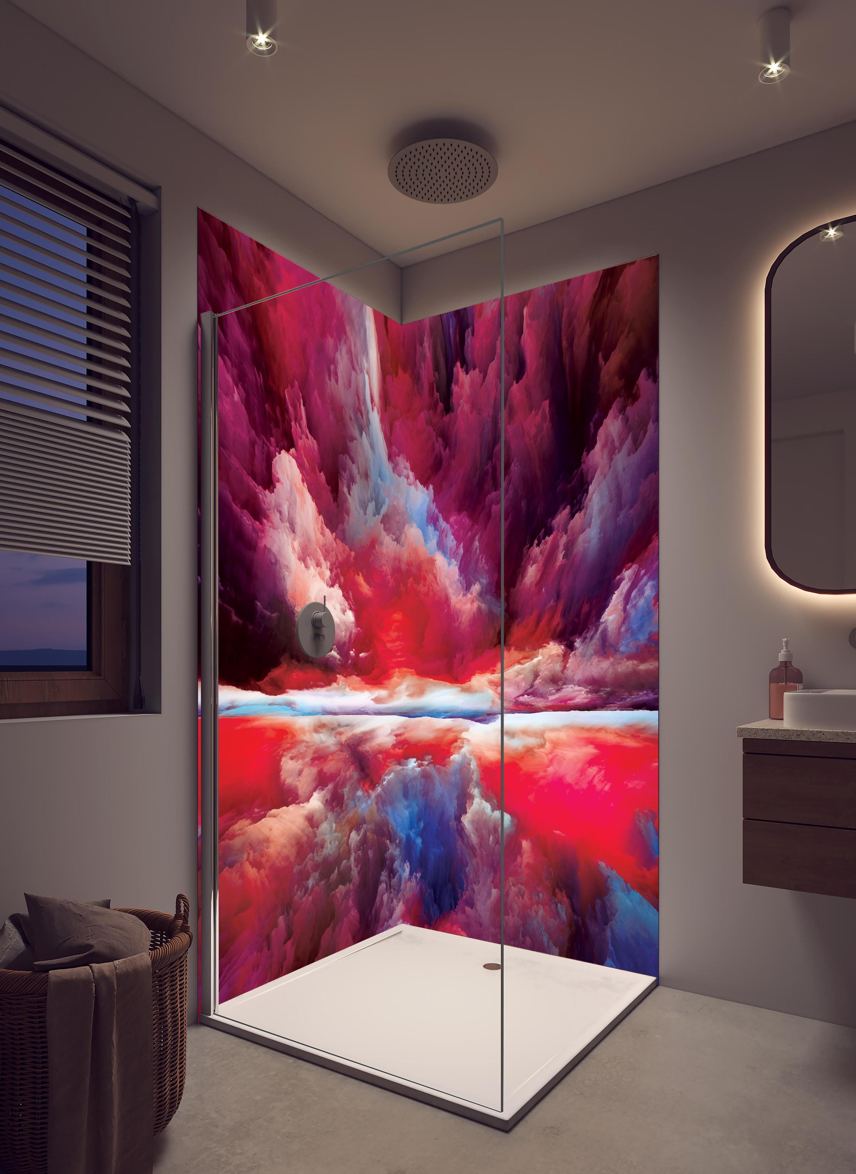 Duschrückwand - Buntes Abstraktes Himmelspiel in hellem Badezimmer mit Regenduschkopf - zweiteilige Eck-Duschrückwand