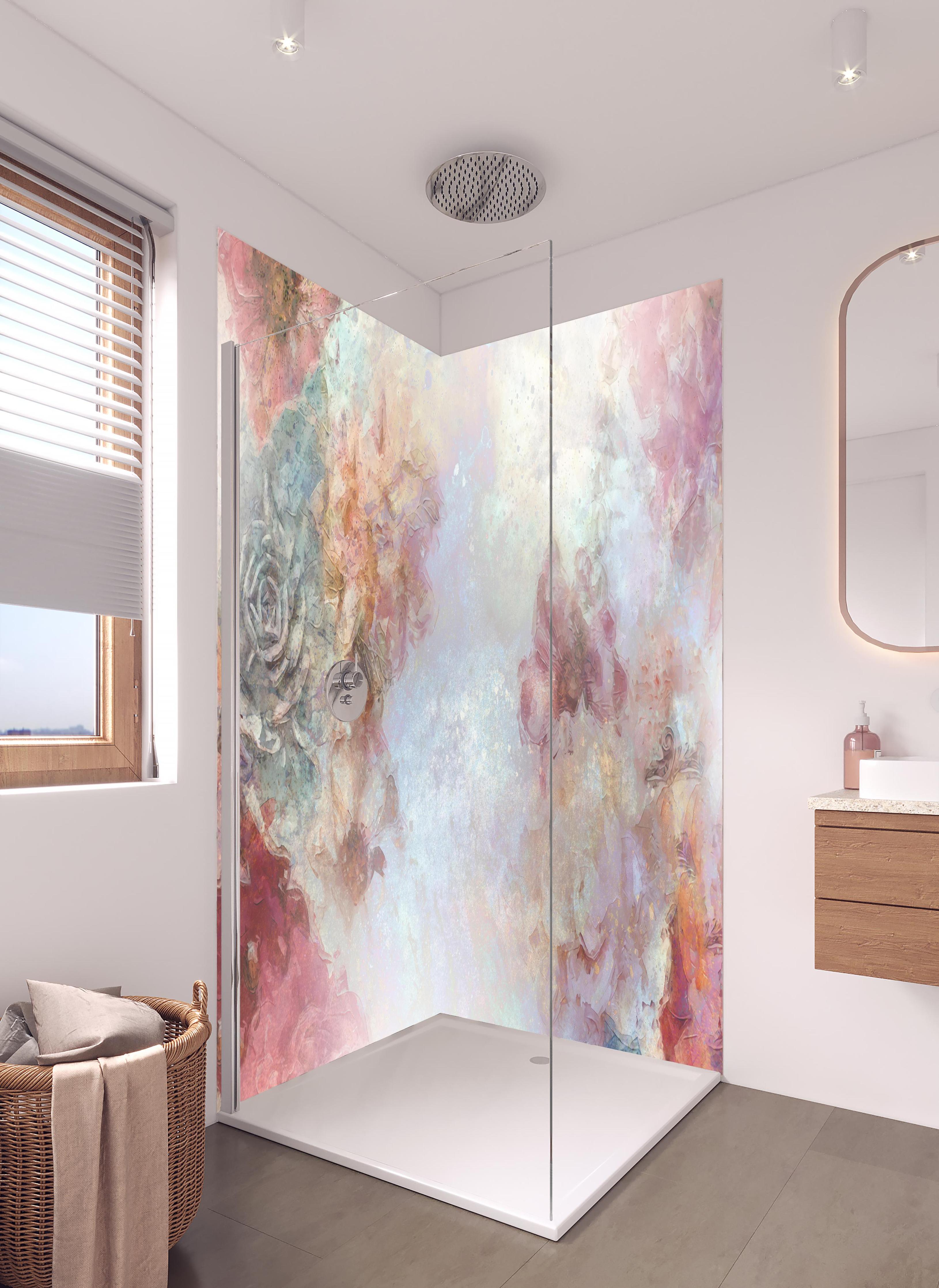 Duschrückwand - Buntes Blumen Portrait in hellem Badezimmer mit Regenduschkopf - zweiteilige Eck-Duschrückwand