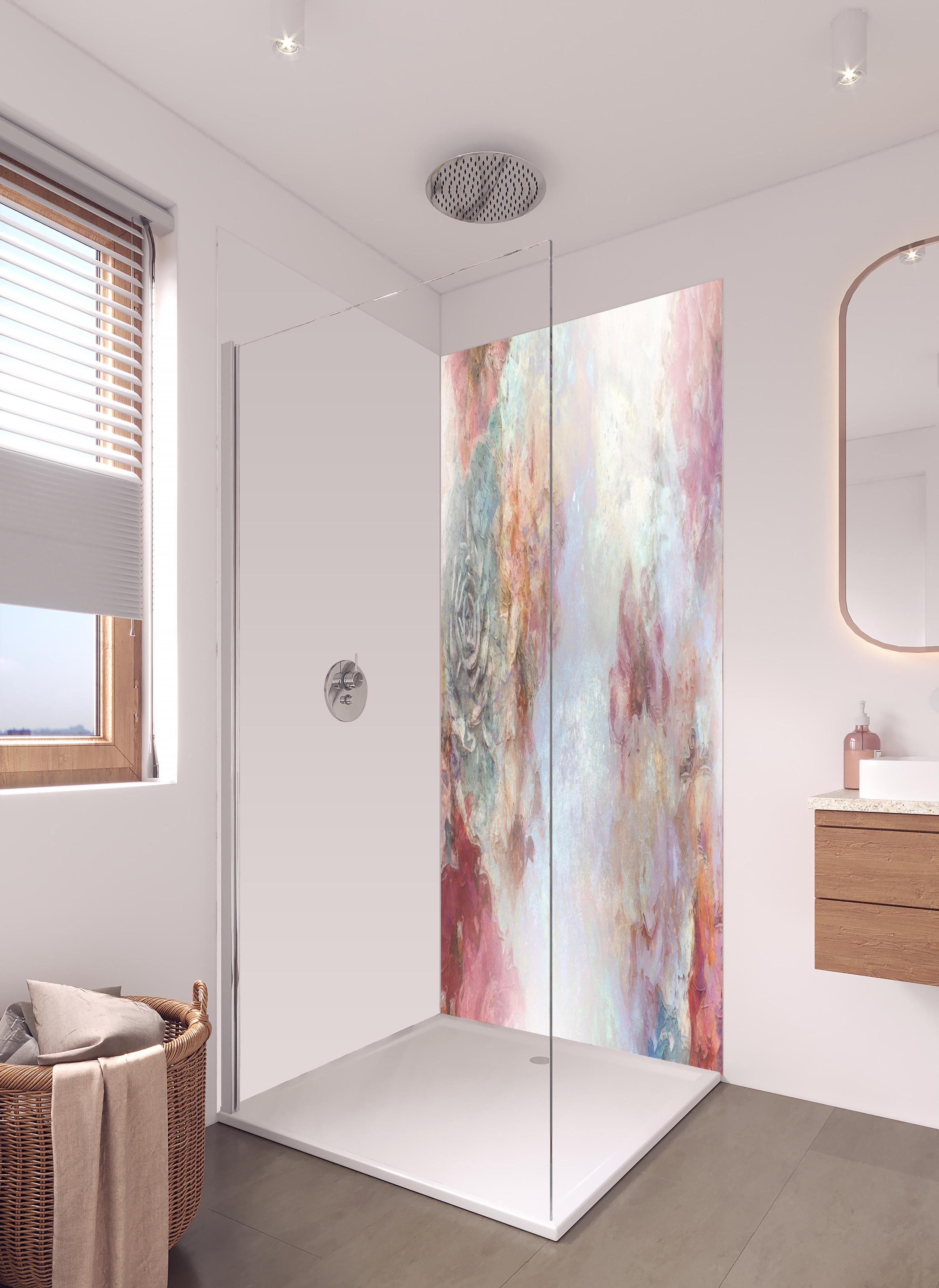 Duschrückwand - Buntes Blumen Portrait in hellem Badezimmer mit Regenduschkopf - zweiteilige Eck-Duschrückwand