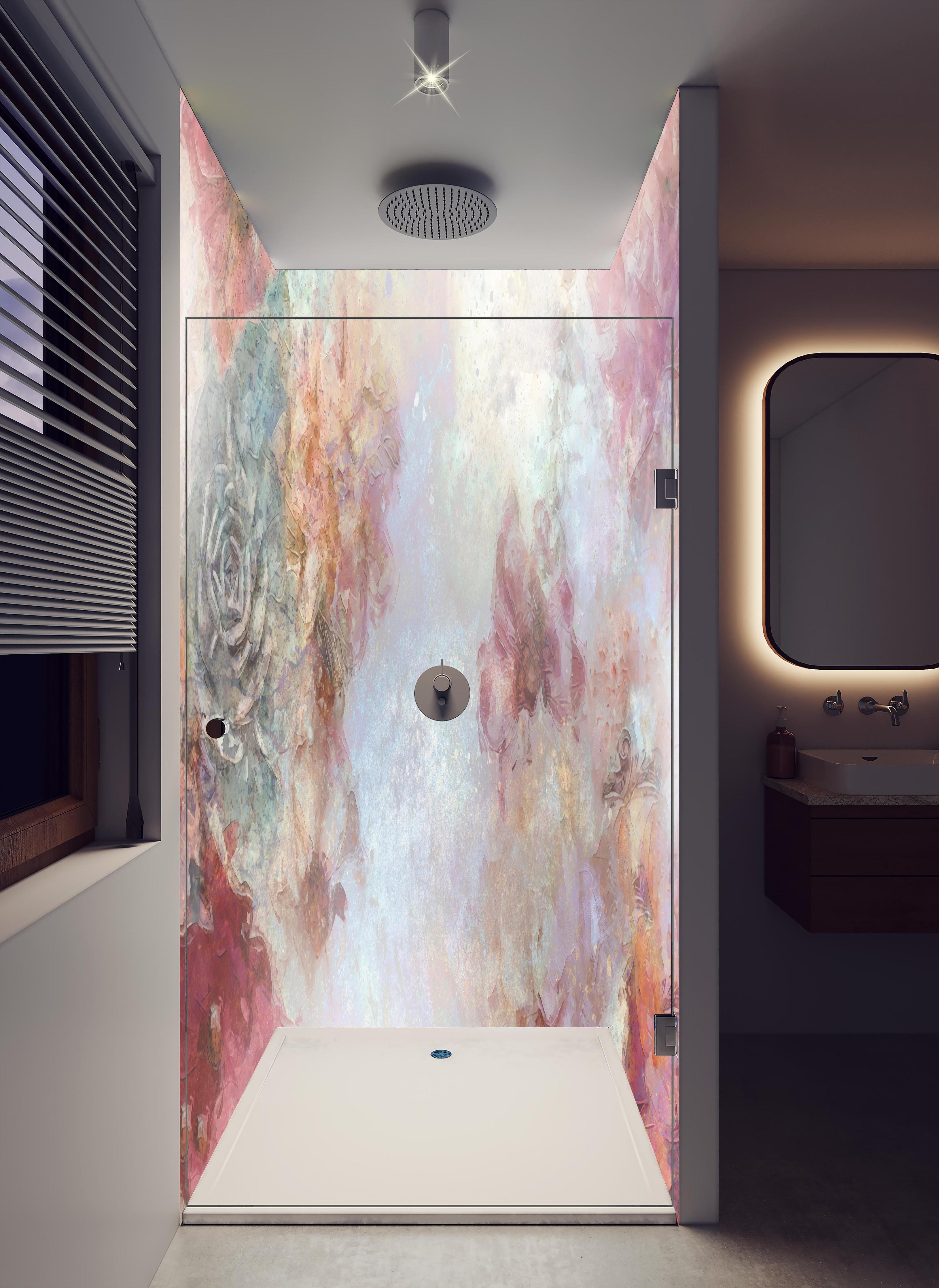 Duschrückwand - Buntes Blumen Portrait in hellem Badezimmer mit Regenduschkopf - zweiteilige Eck-Duschrückwand